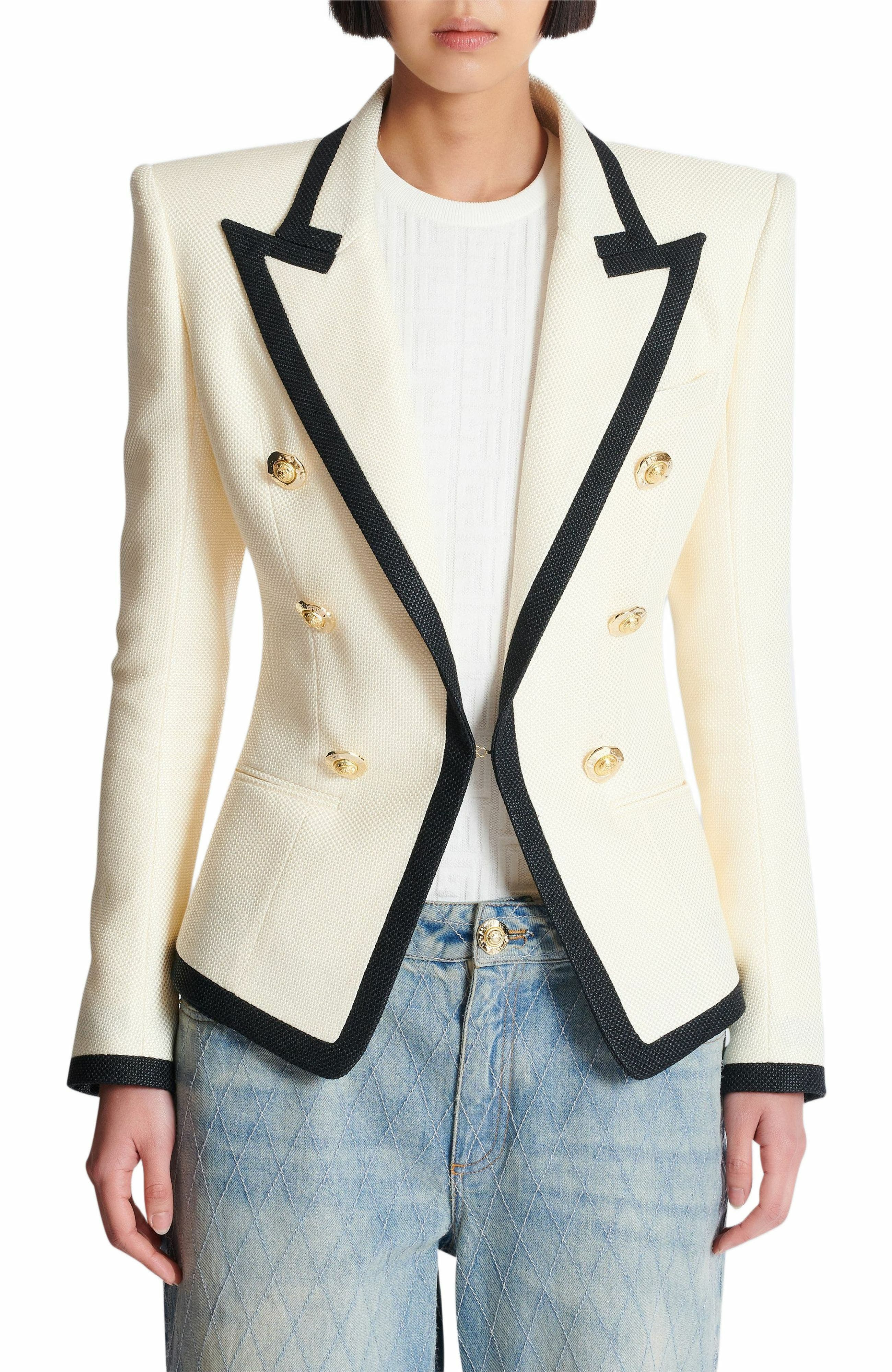 Balmain Fitted Two-Tone Basketweave Jacket in Beige at Nordstrom - 8