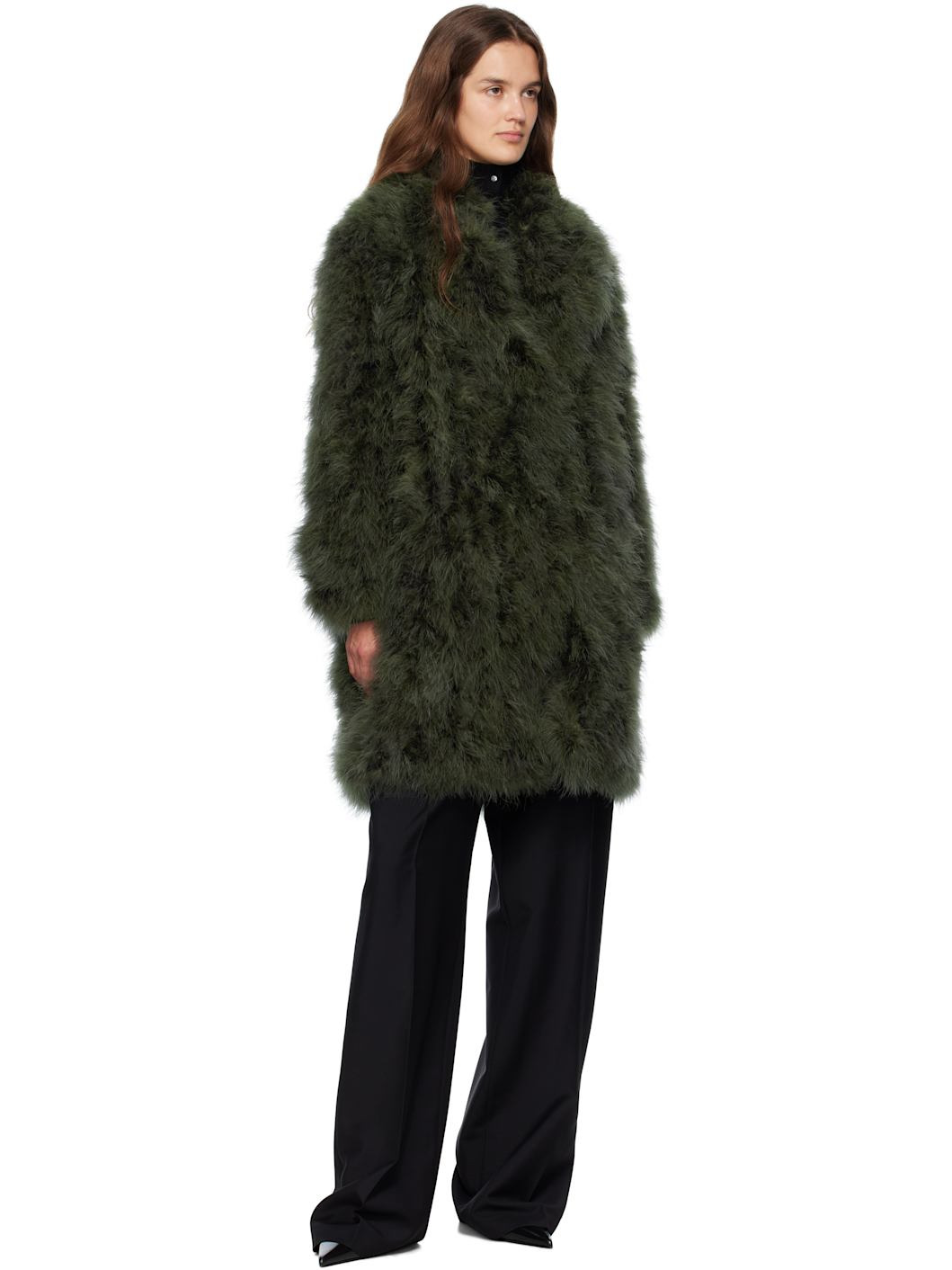 Green Long Feather Coat - 4
