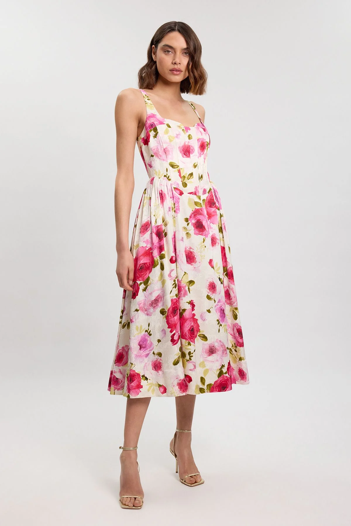Scattered Floral Cotton Poplin Boned Detail Woven Maxi Prom Dress - 1