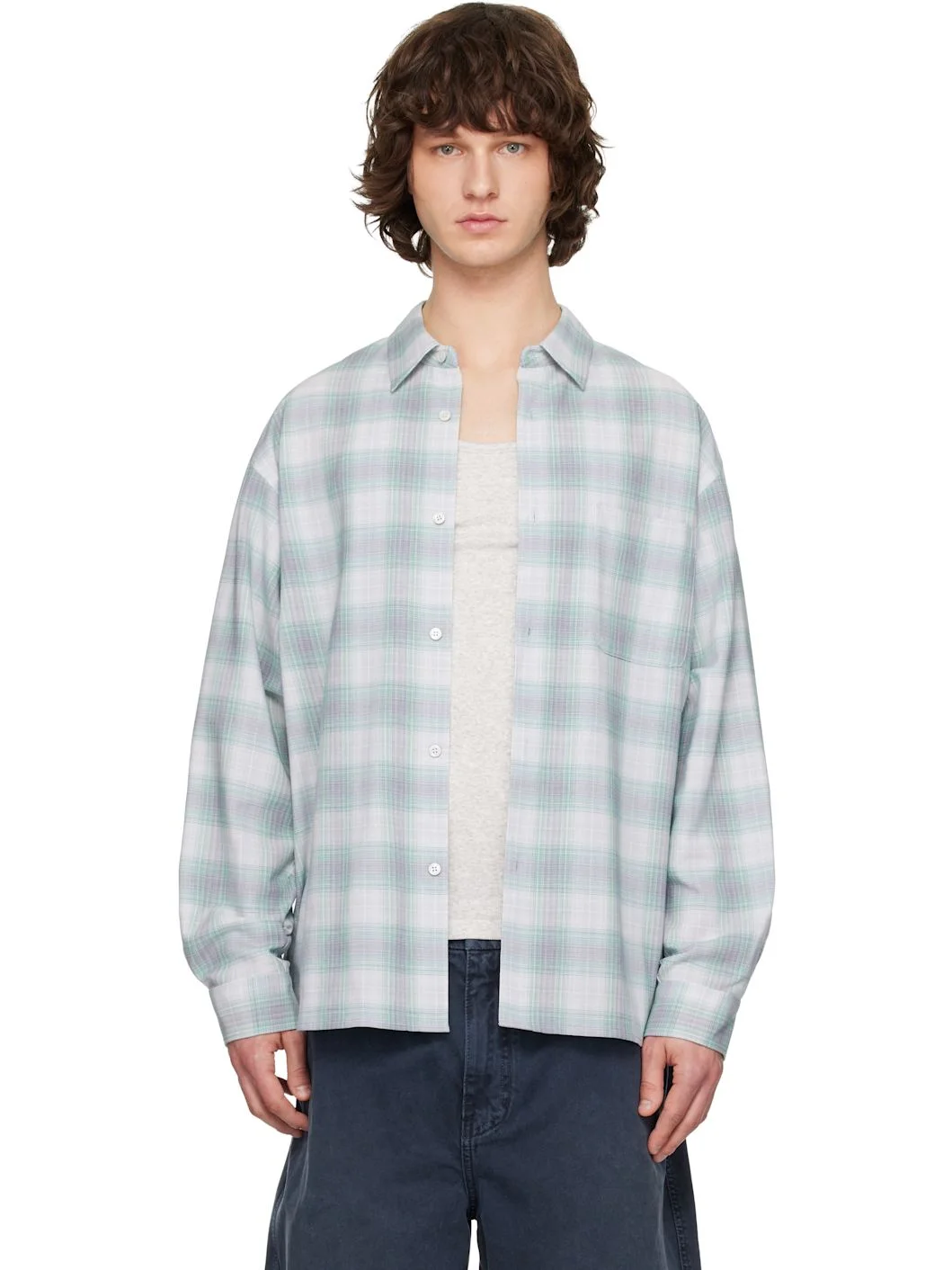 Green & Gray Wool Cotton Check Shirt - 1