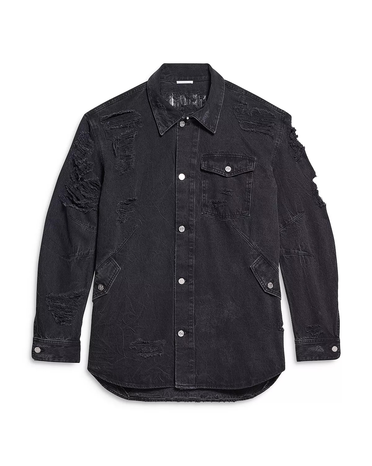 Oversized button-front shirt in washed black denim. Curved seams wrap around the body, emphasizing t - 7