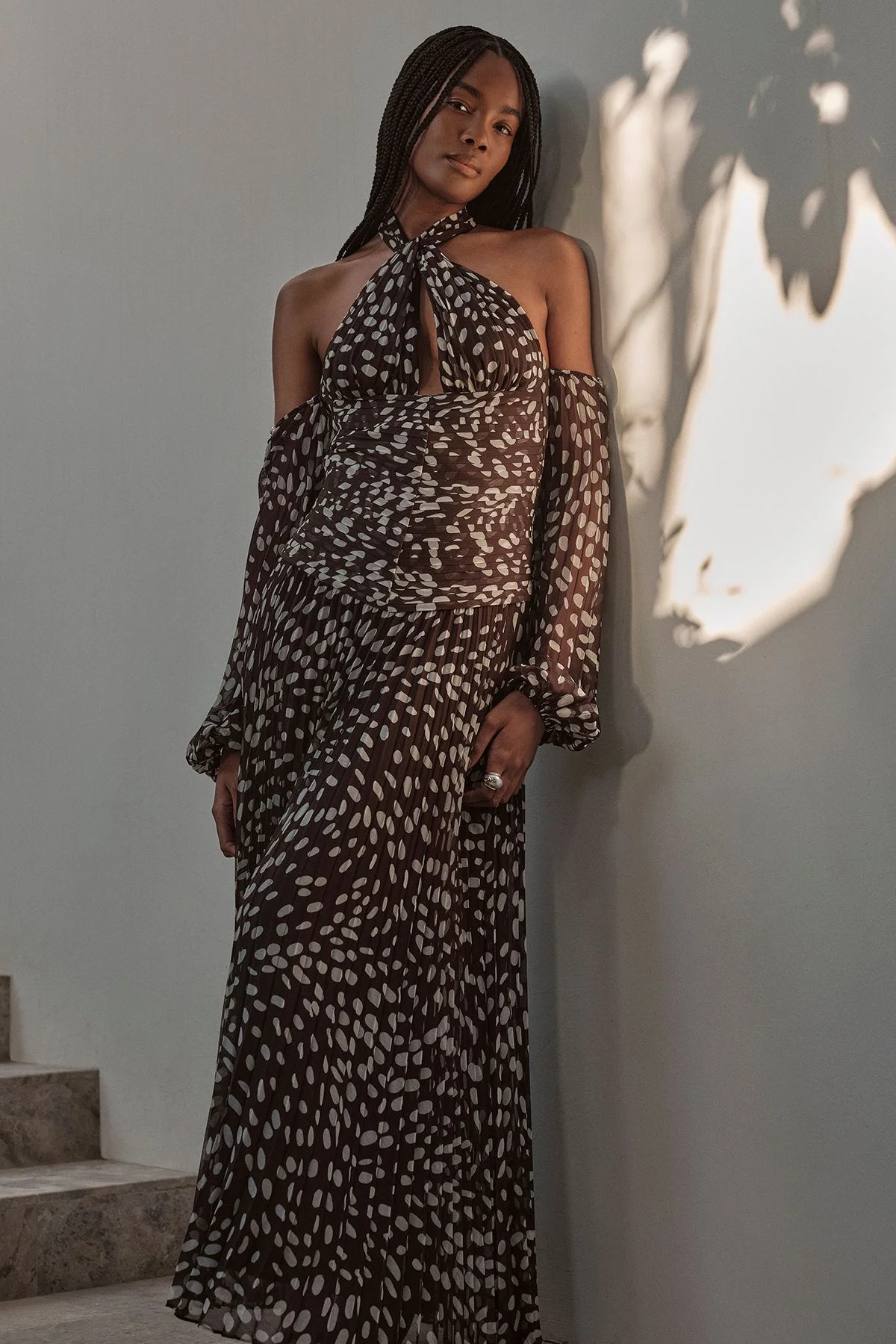 Polka Dot Crinkle Cold Shoulder Georgette Woven Maxi Dress - 1