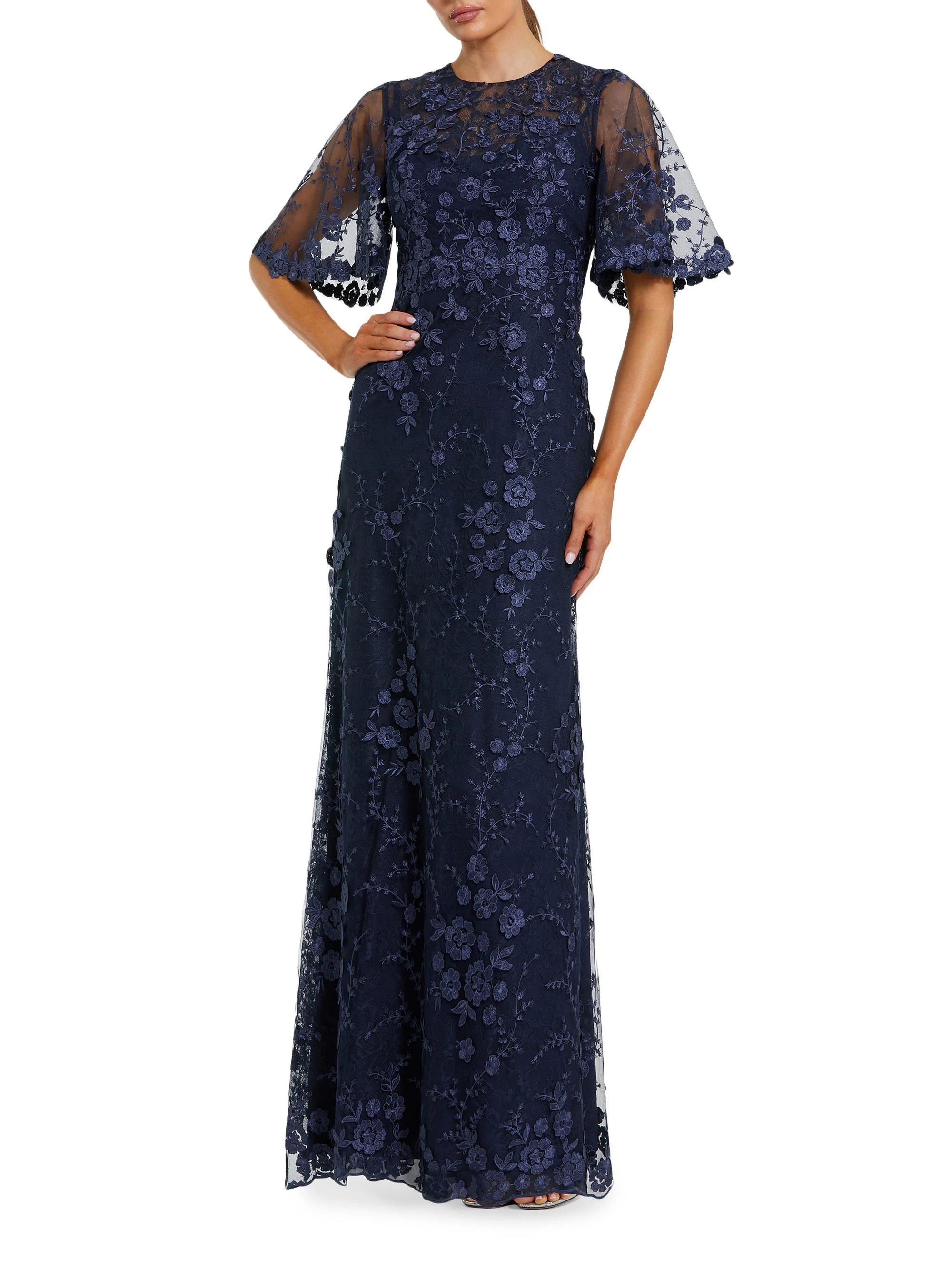 Women's Embellished Lace Flutter-Sleeve Gown - Midnight - 1