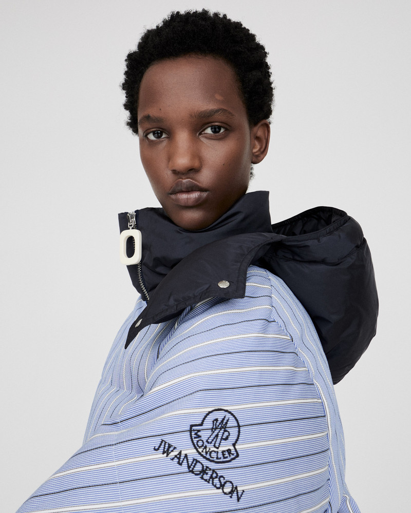 JW Anderson WOMENS JW ANDERSON X MONCLER STRIPED PUFFER JACKET IN BLUE & WHITE outlook