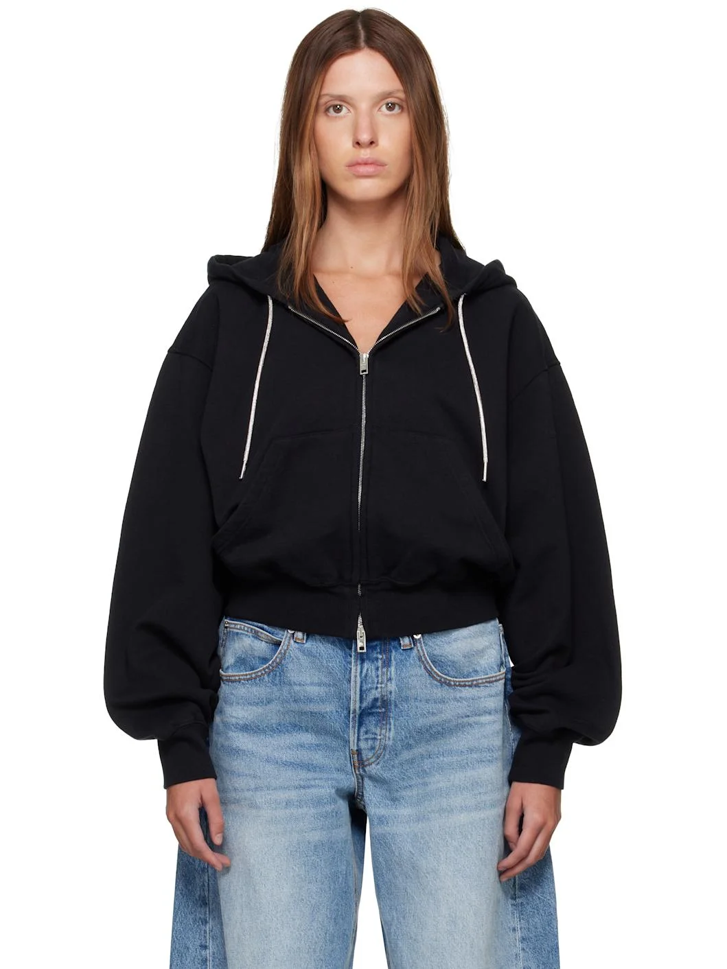 Black Rhinestone Drawcord Zip-Up Hoodie - 1