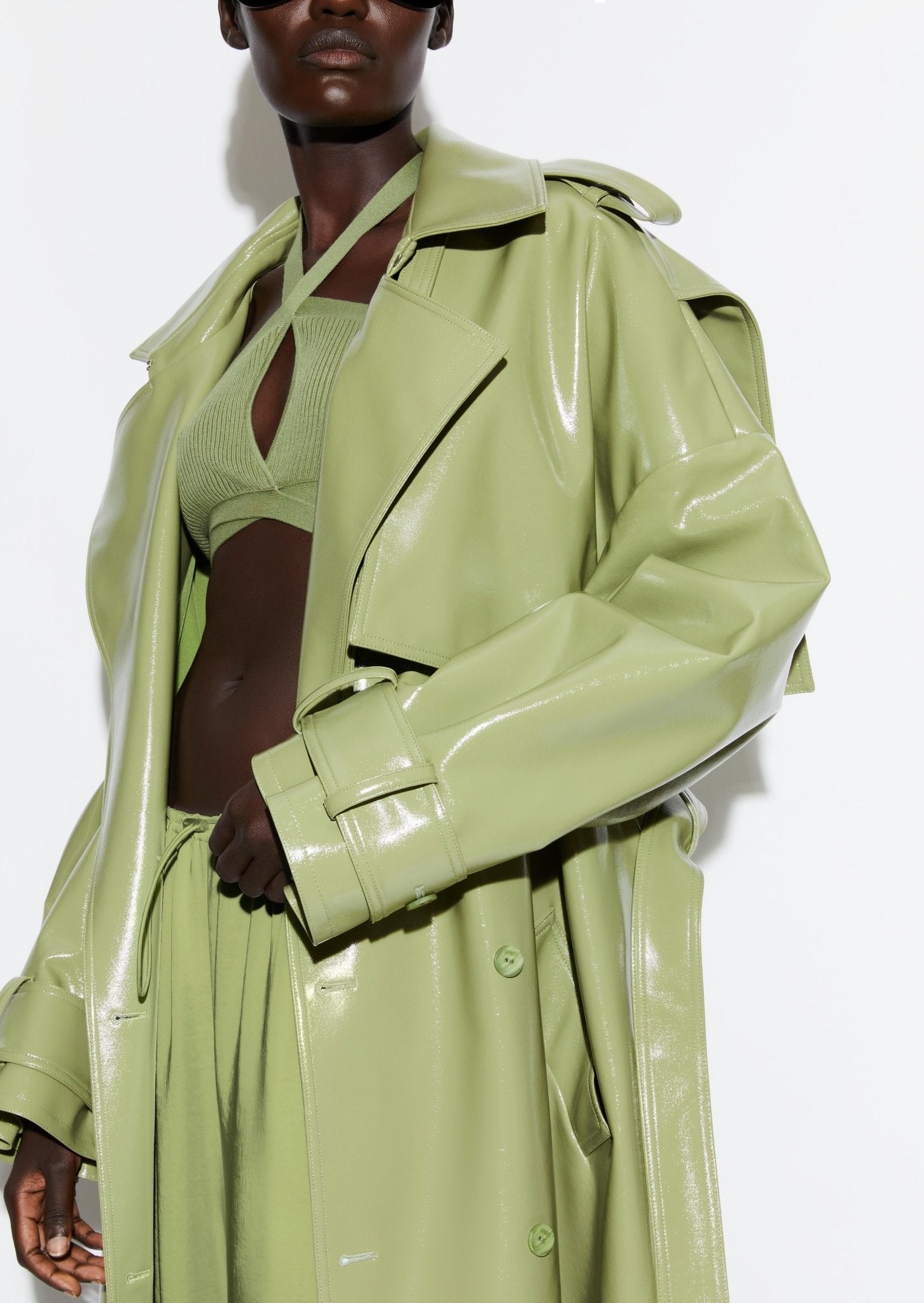 Patent Faux Leather Double Breasted Trench - 5