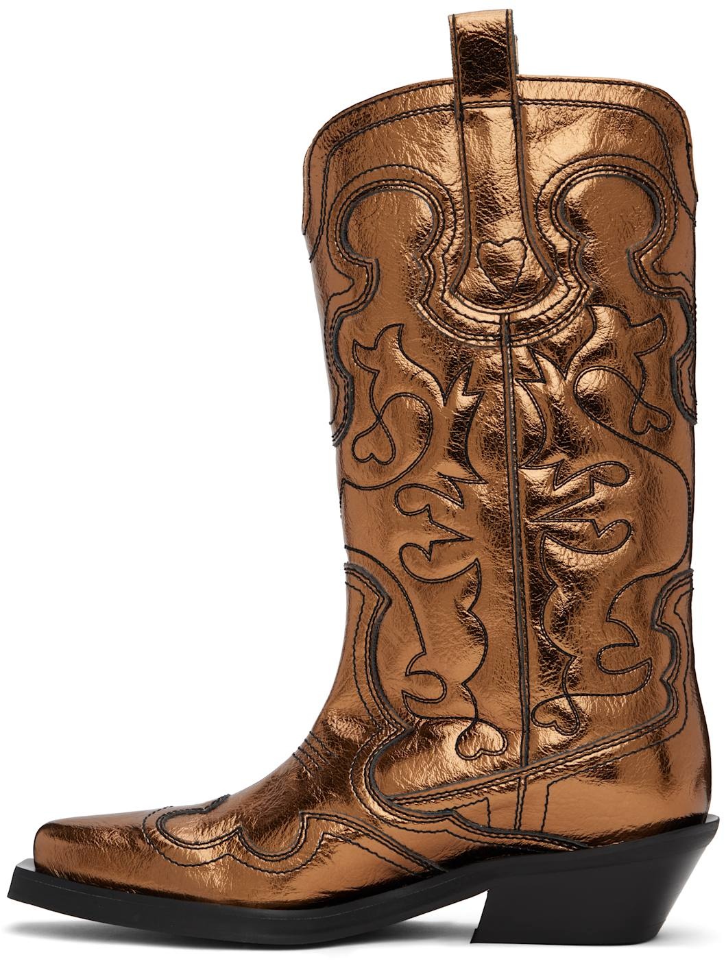 Gold Mid Shaft Embroidered Western Boots - 3