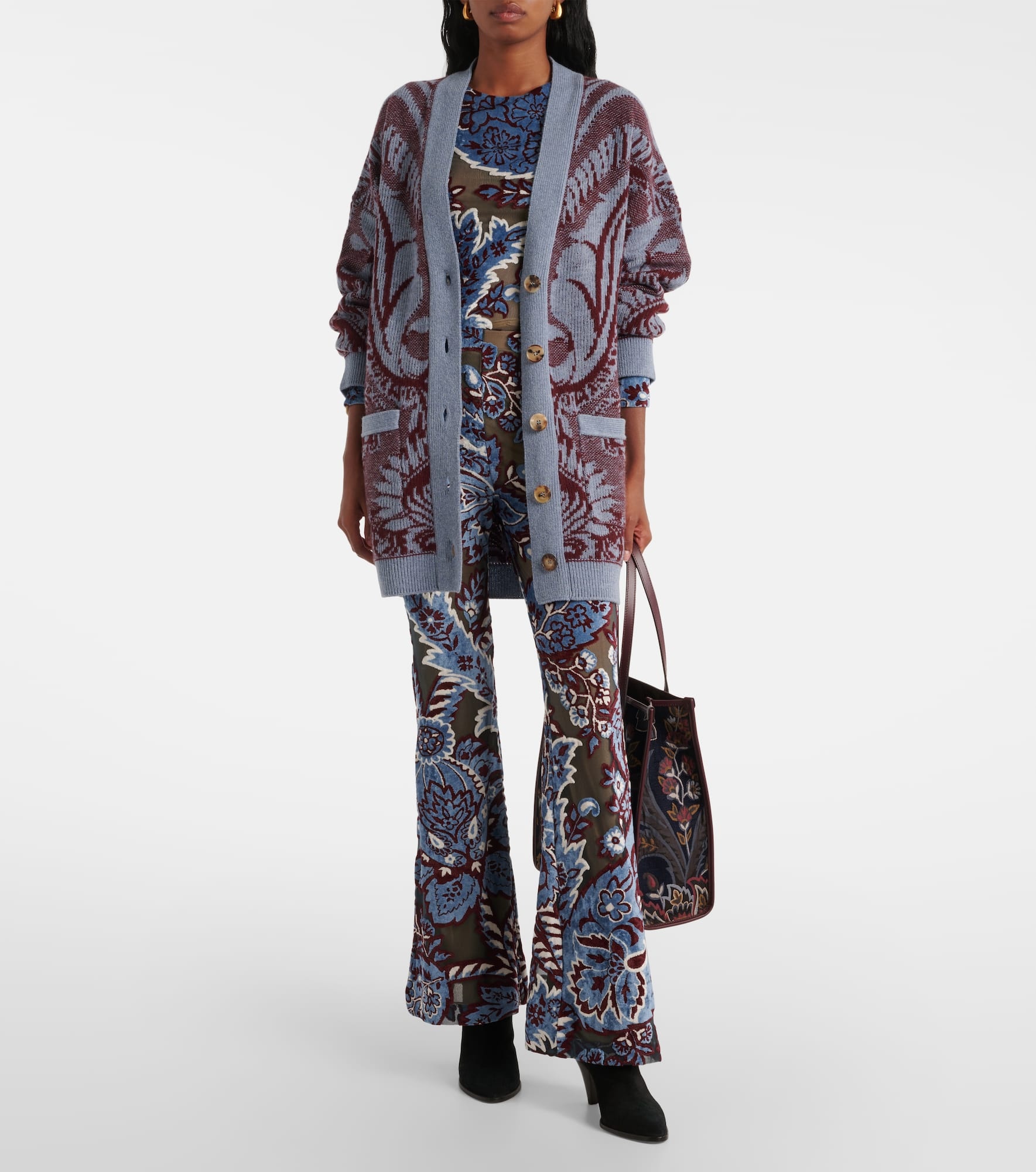 Floral velvet jacquard flared pants - 2