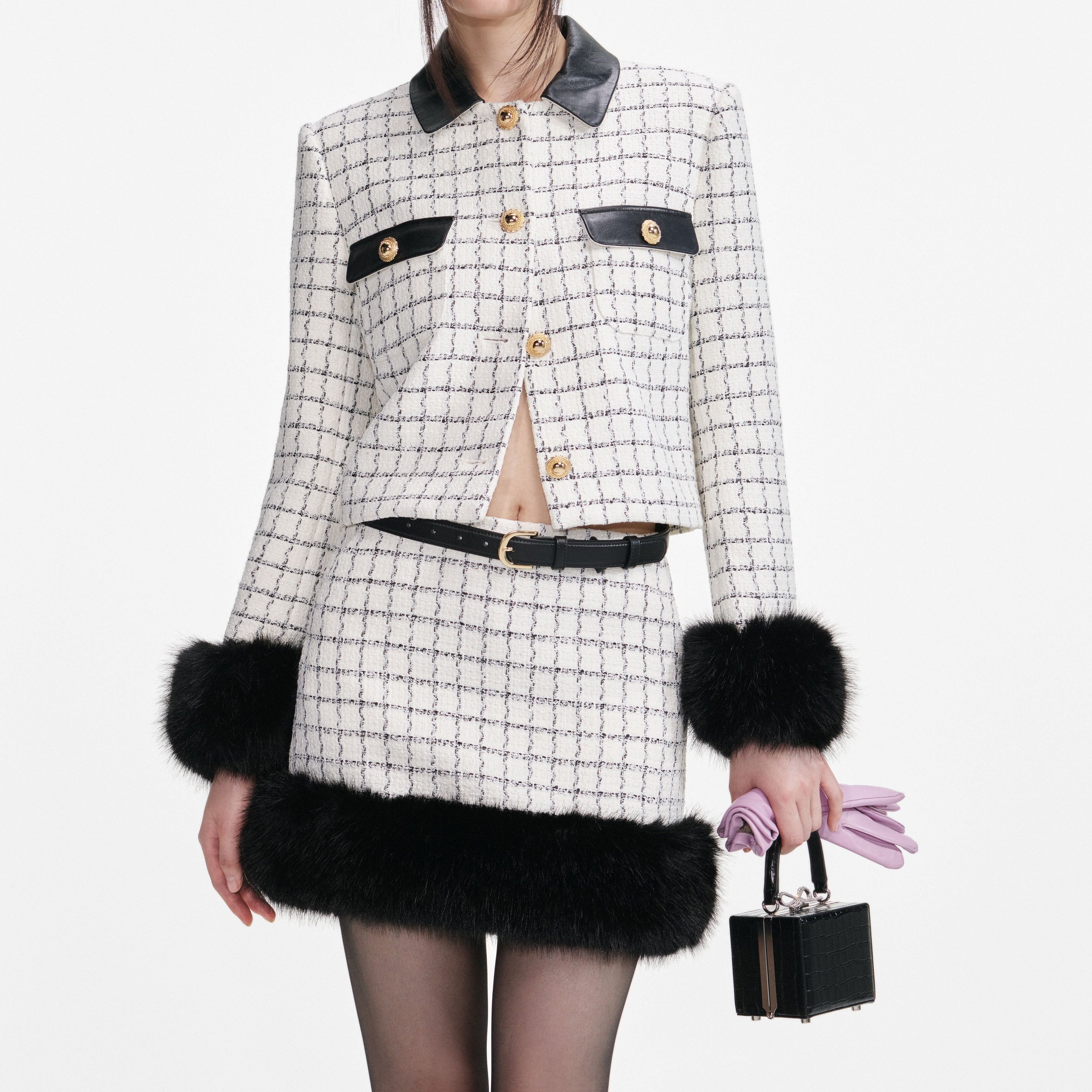 Check Boucle Fur Cuff Jacket - 4