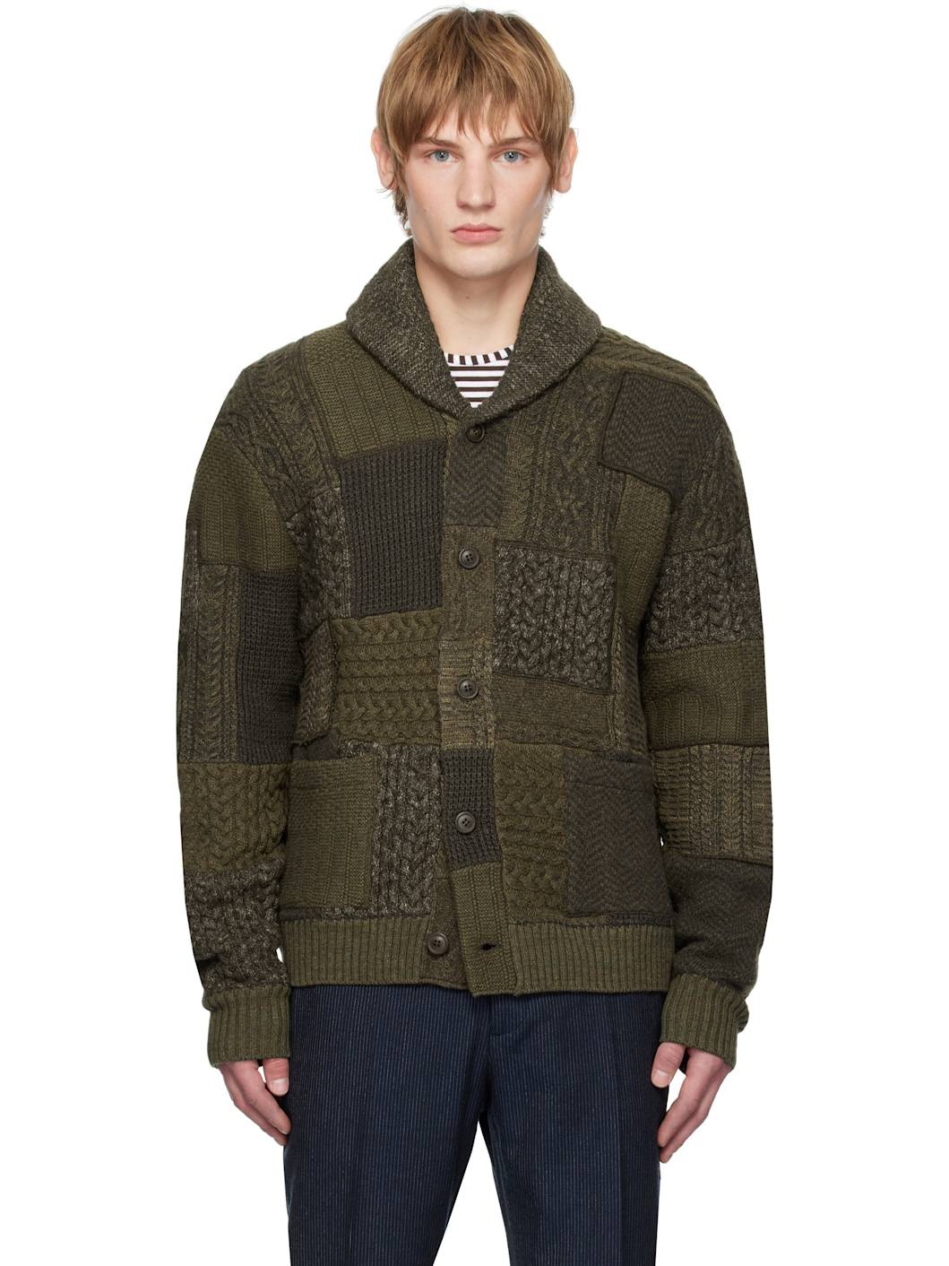 Khaki Patchwork Wool-Blend Shawl Cardigan - 1