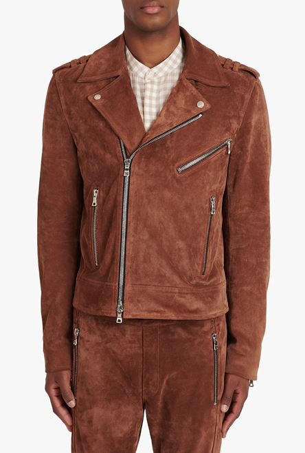 Balmain x Netflix -Hazelnut brown suede biker jacket - 5