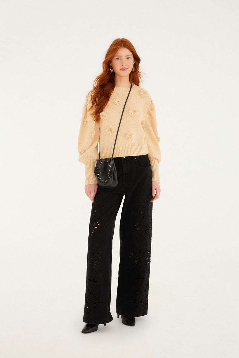 Sand Crochet 3D Flower Dropped Shoulder Knit Sweater 4