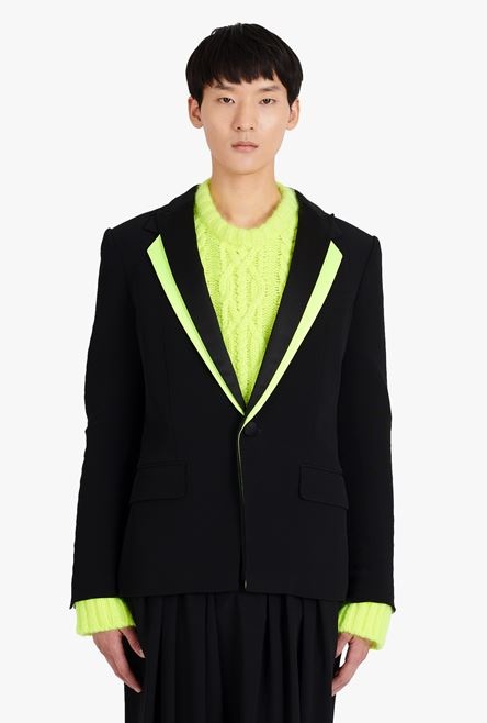 Black satin blazer with neon yellow collar - 5