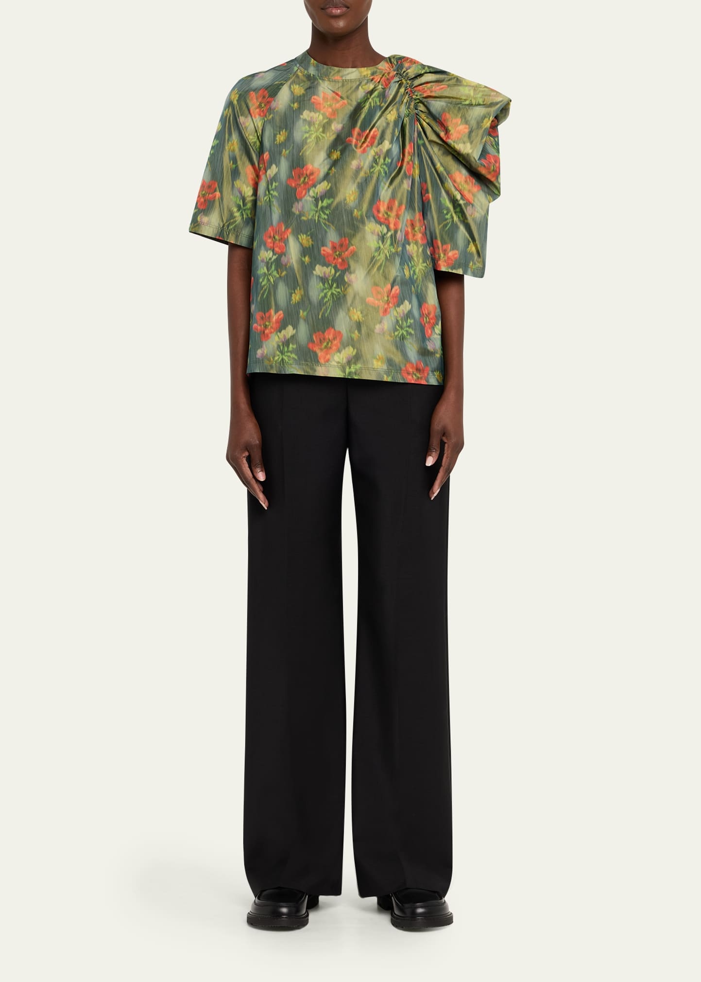 Floral Taffeta Asymmetric Puff Shoulder Top - 2