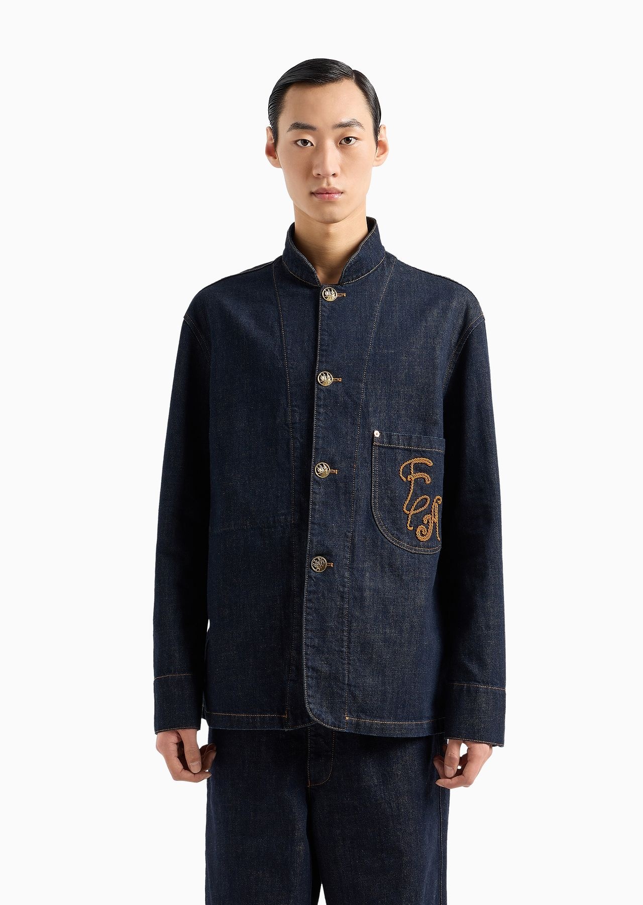 Dirty-treatment denim blazer with guru collar and EA embroidery - 2