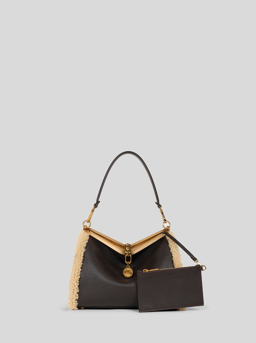 MEDIUM LEATHER VELA BAG WITH SHEARLING DETAILS - 2