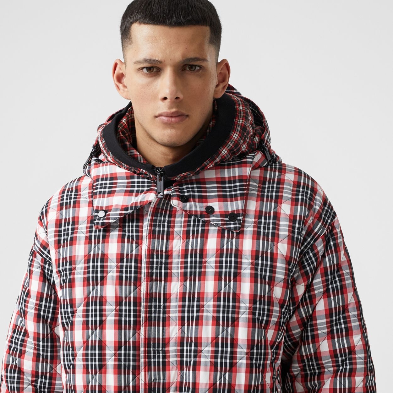 Cut-out Hem Diamond Quilted Check Nylon Parka - 6