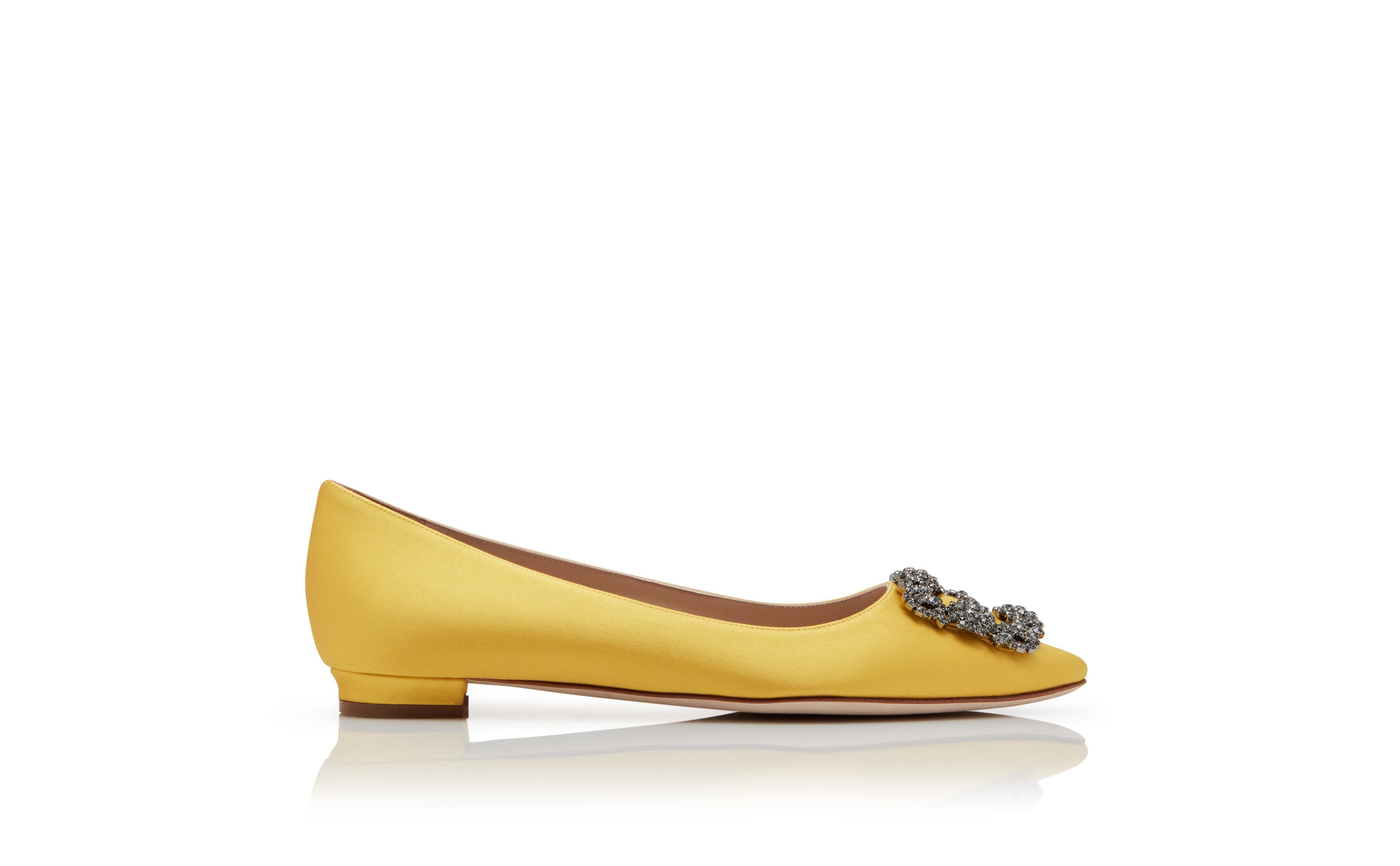 Yellow Satin Jewel Buckle Flat Shoes - 1