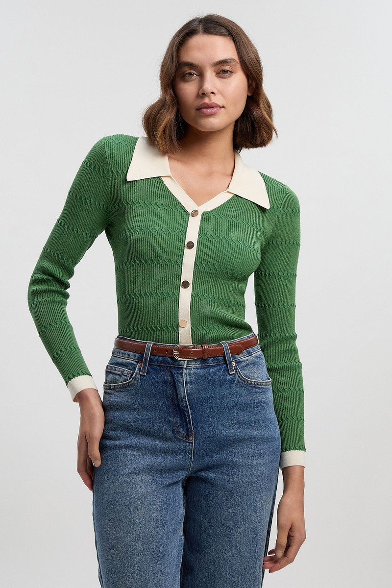 KAREN MILLEN Viscose Rib Stitch Detail Contrast Colour Button Knit Top outlook