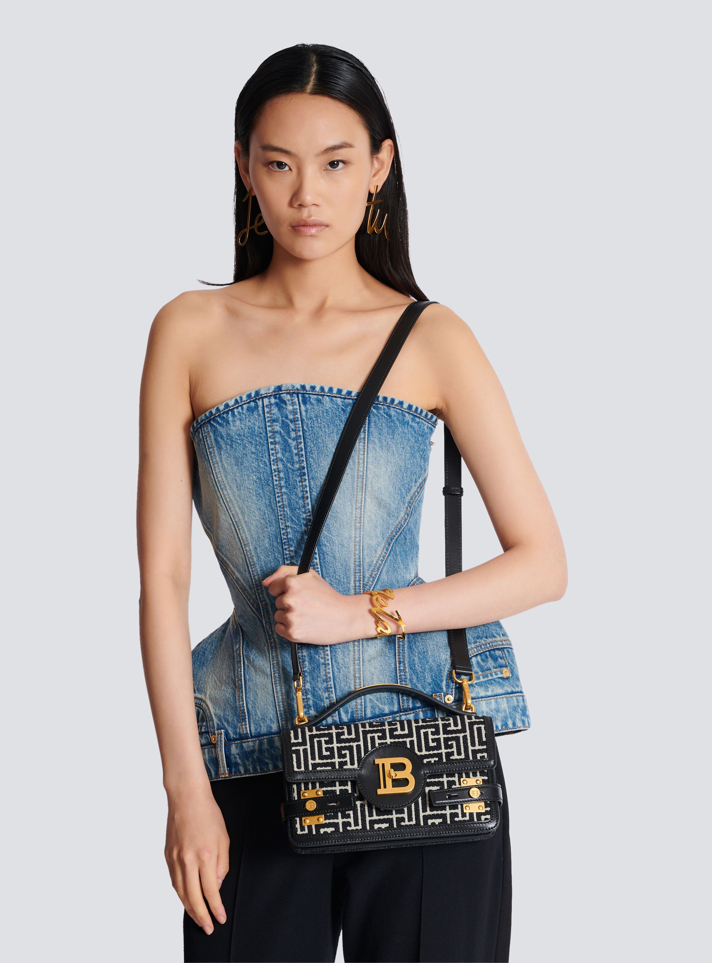 Balmain B-Buzz Shoulder 24 bag in calfskin and PB jacquard
