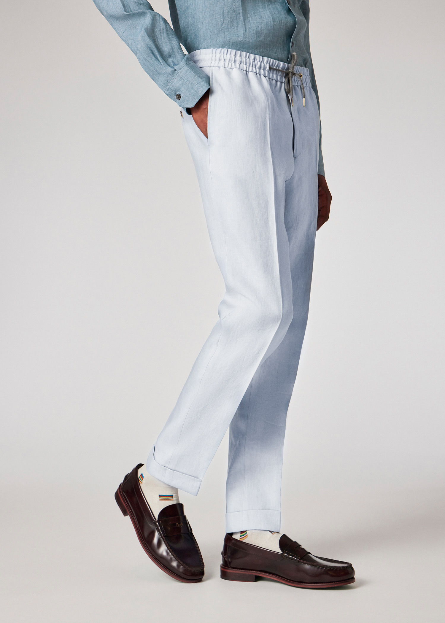 Pale Blue Linen Drawstring Trousers - 3