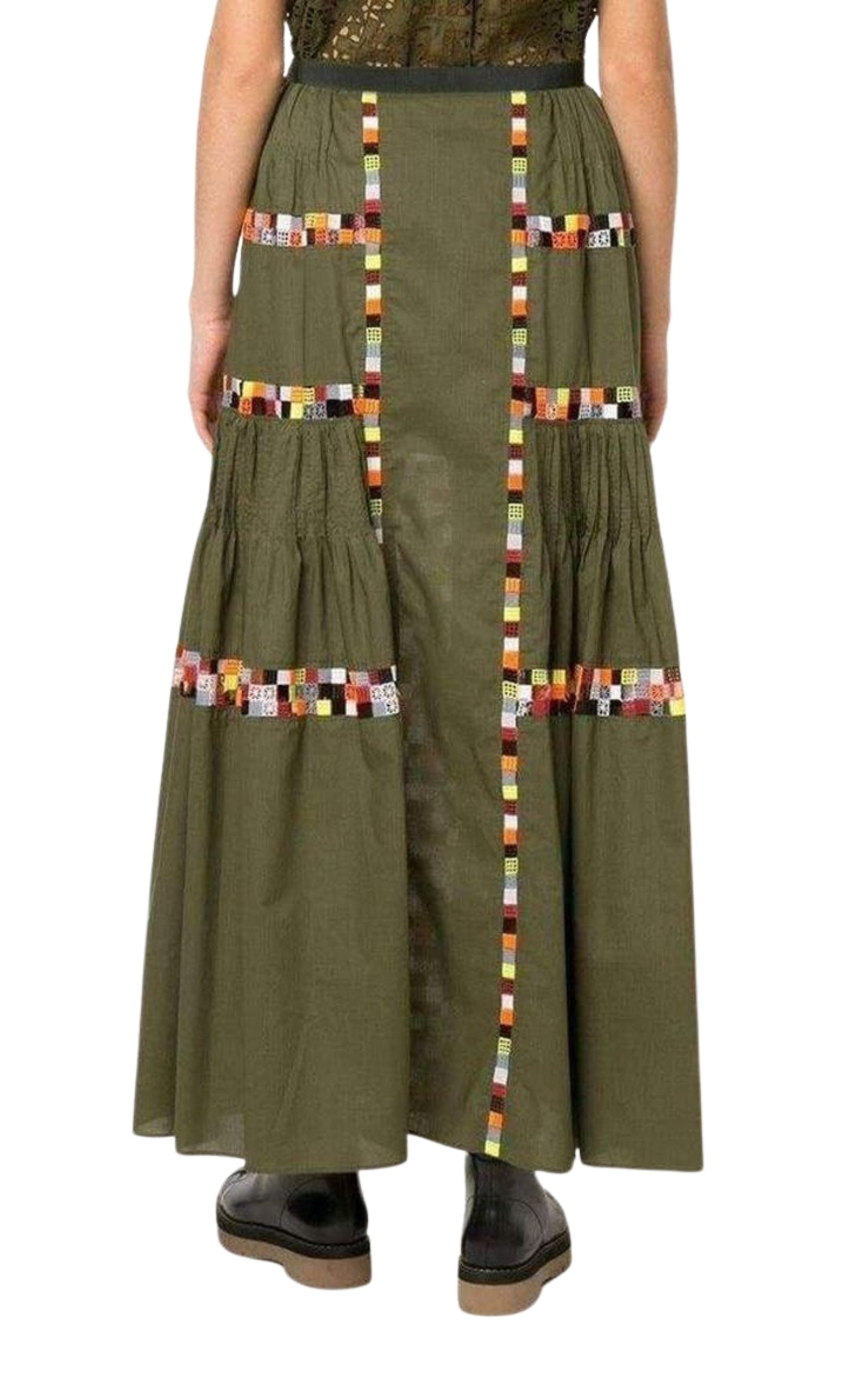 Military Green Embroidered Long Skirt - 4