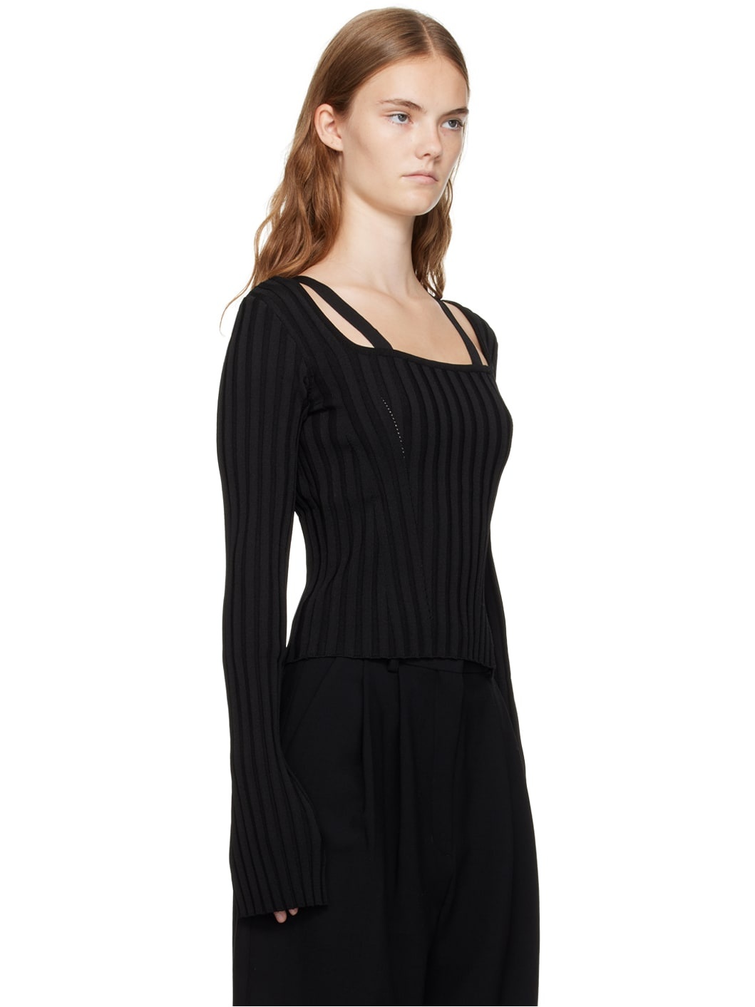 Black Scoop Neck Fitted Sweater - 2