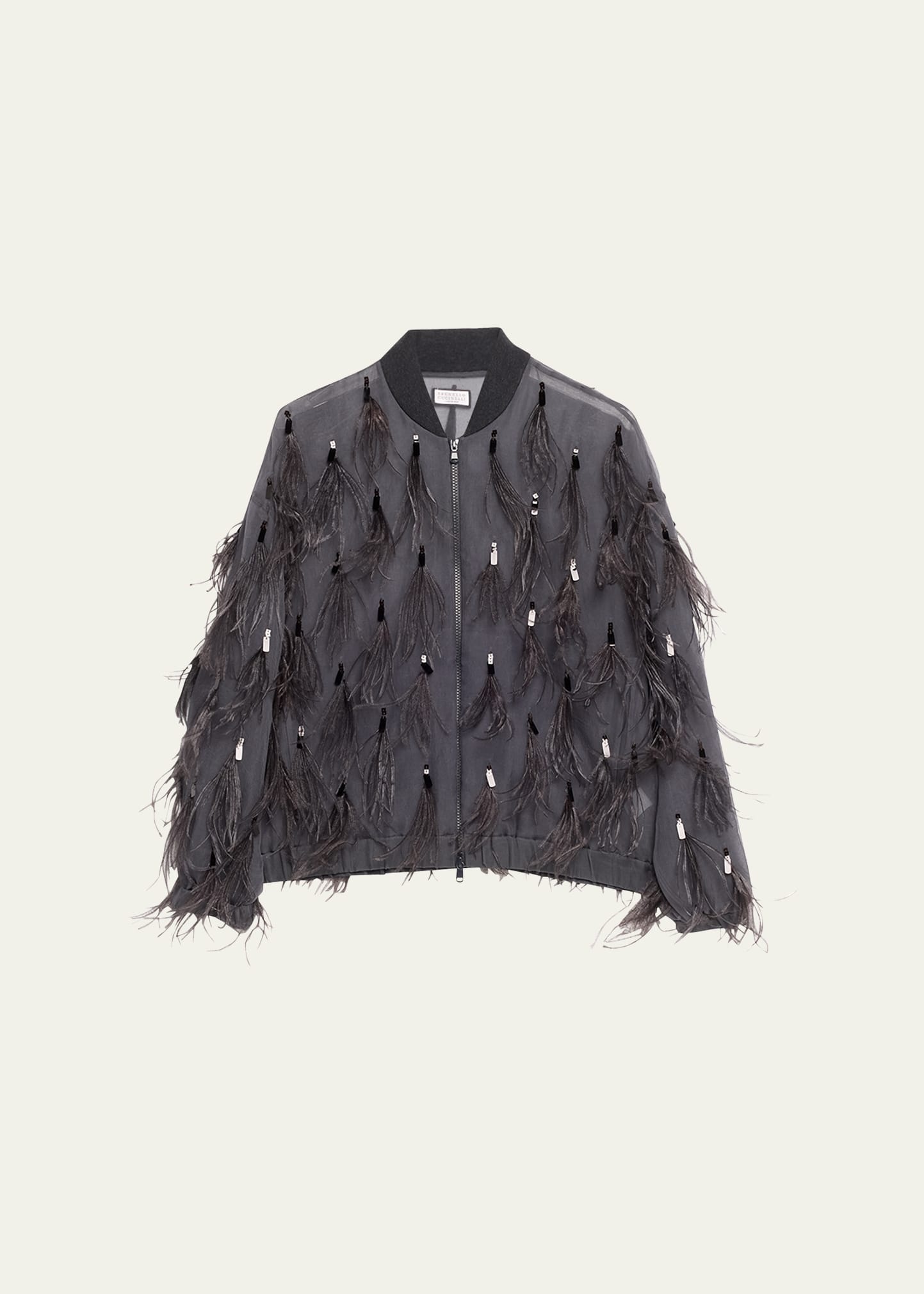 Crispy Silk Organza Bomber Jacket with Feather and Shiny Embroidery - 1