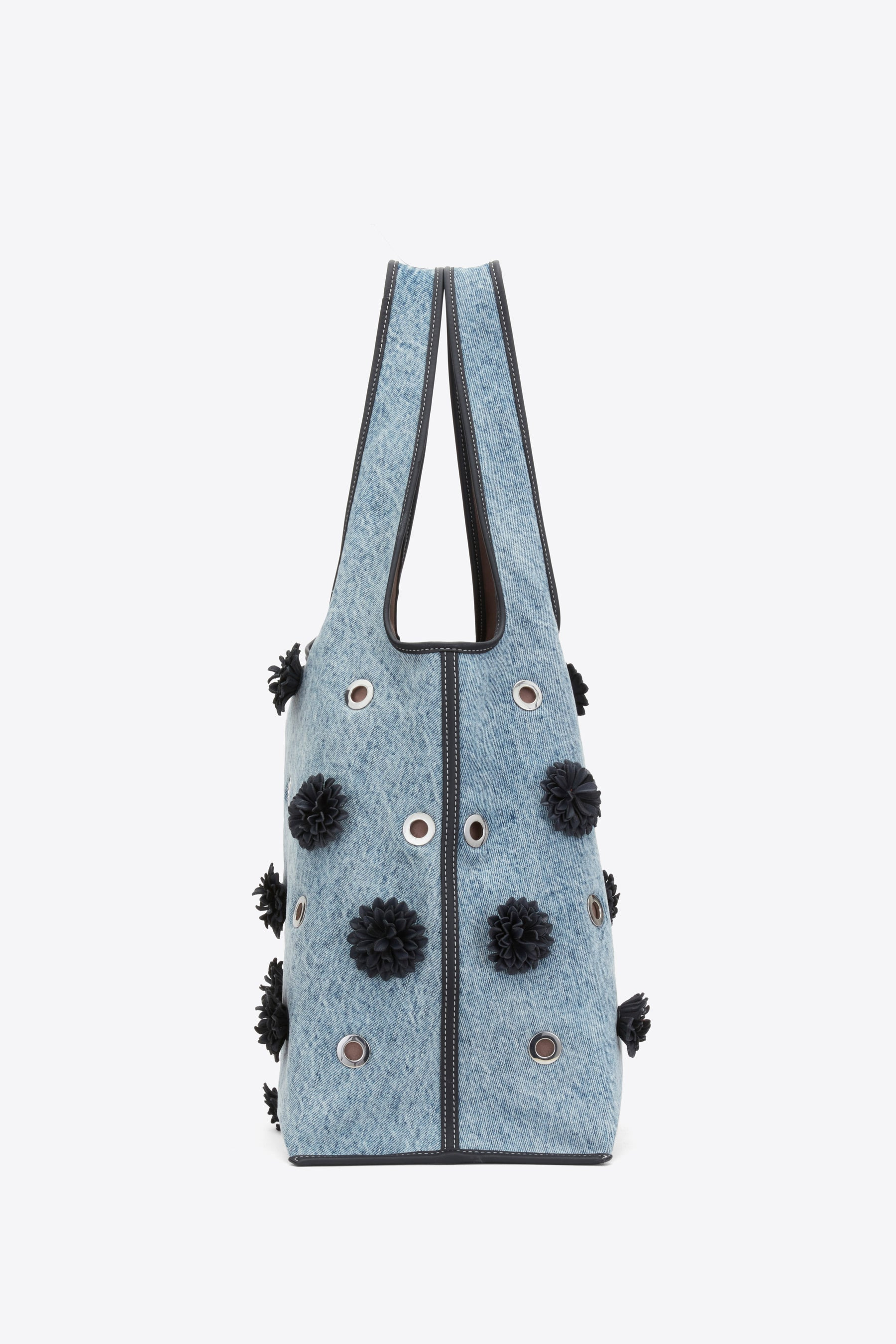 Denim Market Tote with Leather Flowers - 3