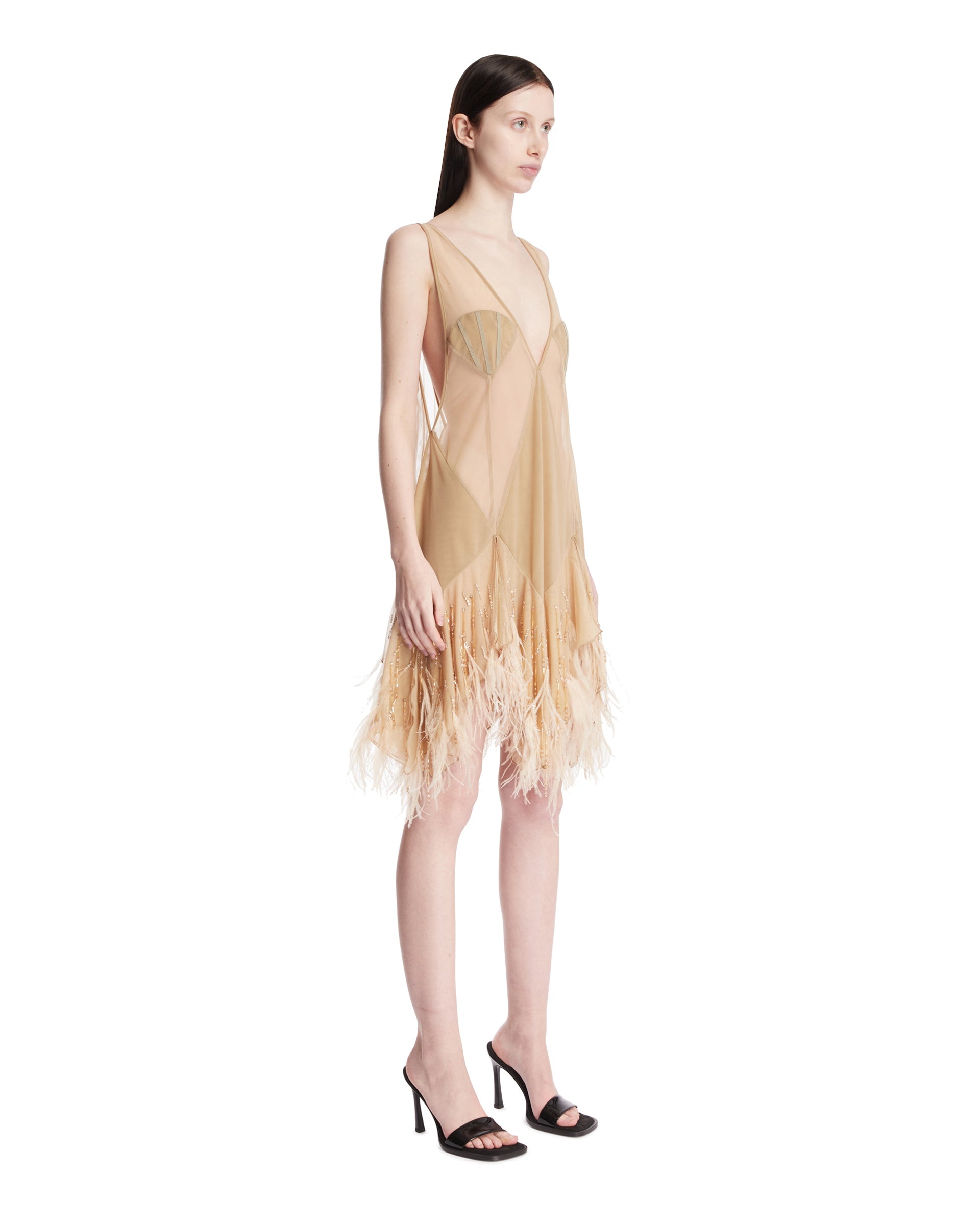 Beige Feather Mini Dress - 4