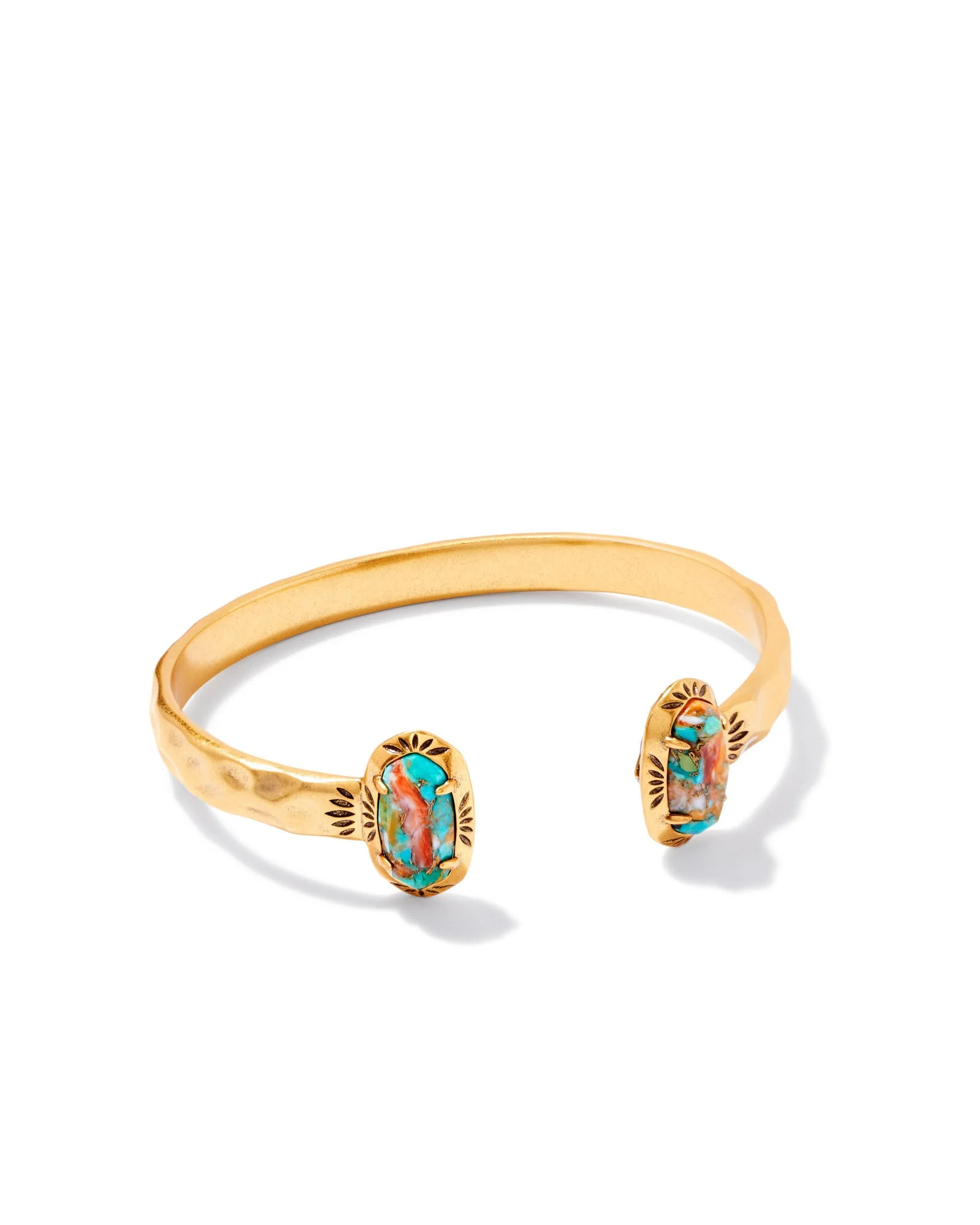 Elton Vintage Gold Etch Frame Cuff Bracelet in Bronze Veined Turquoise Magnesite Red Oyster - 1