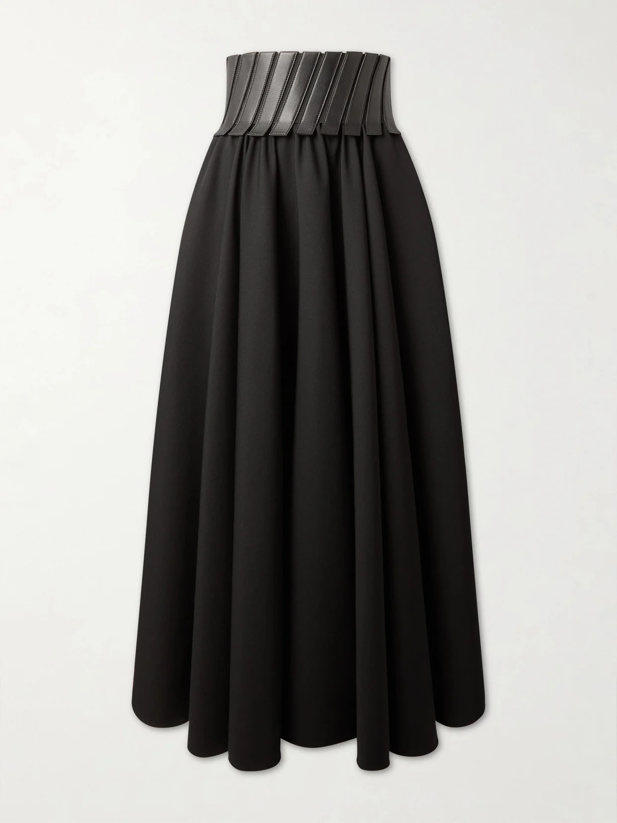 Leather-trimmed Wool-gabardine Midi Skirt - 1
