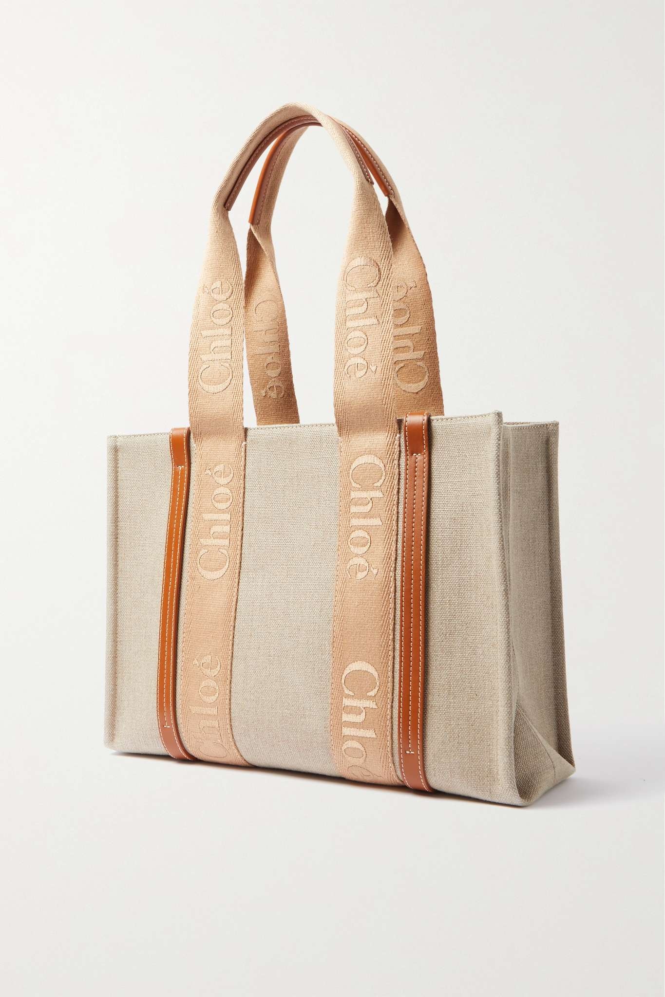 Woody medium leather and webbing-trimmed linen tote - 3