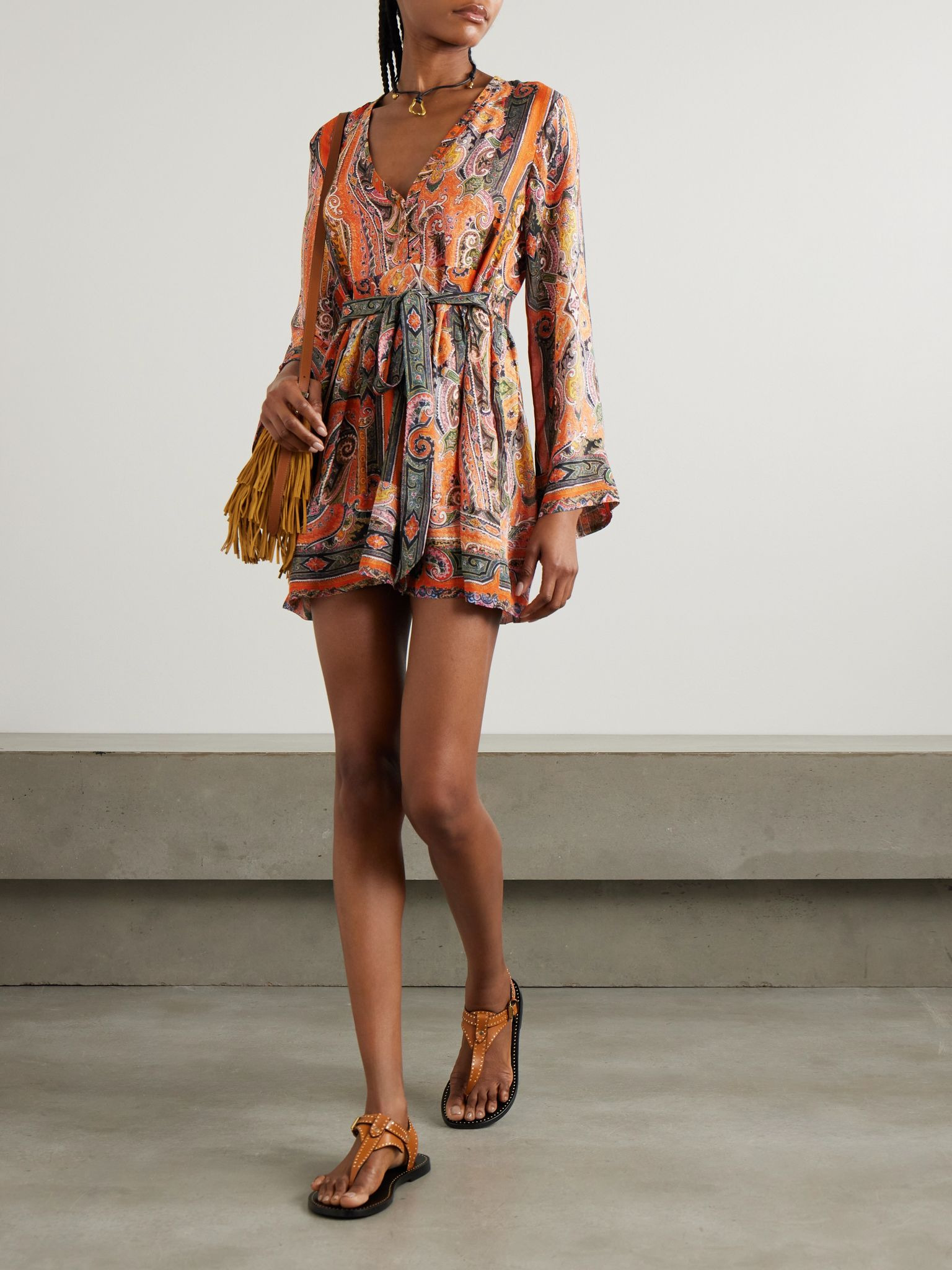 Morgane belted eyelet-embellished paisley-print silk-chiffon mini dress Orange - 2