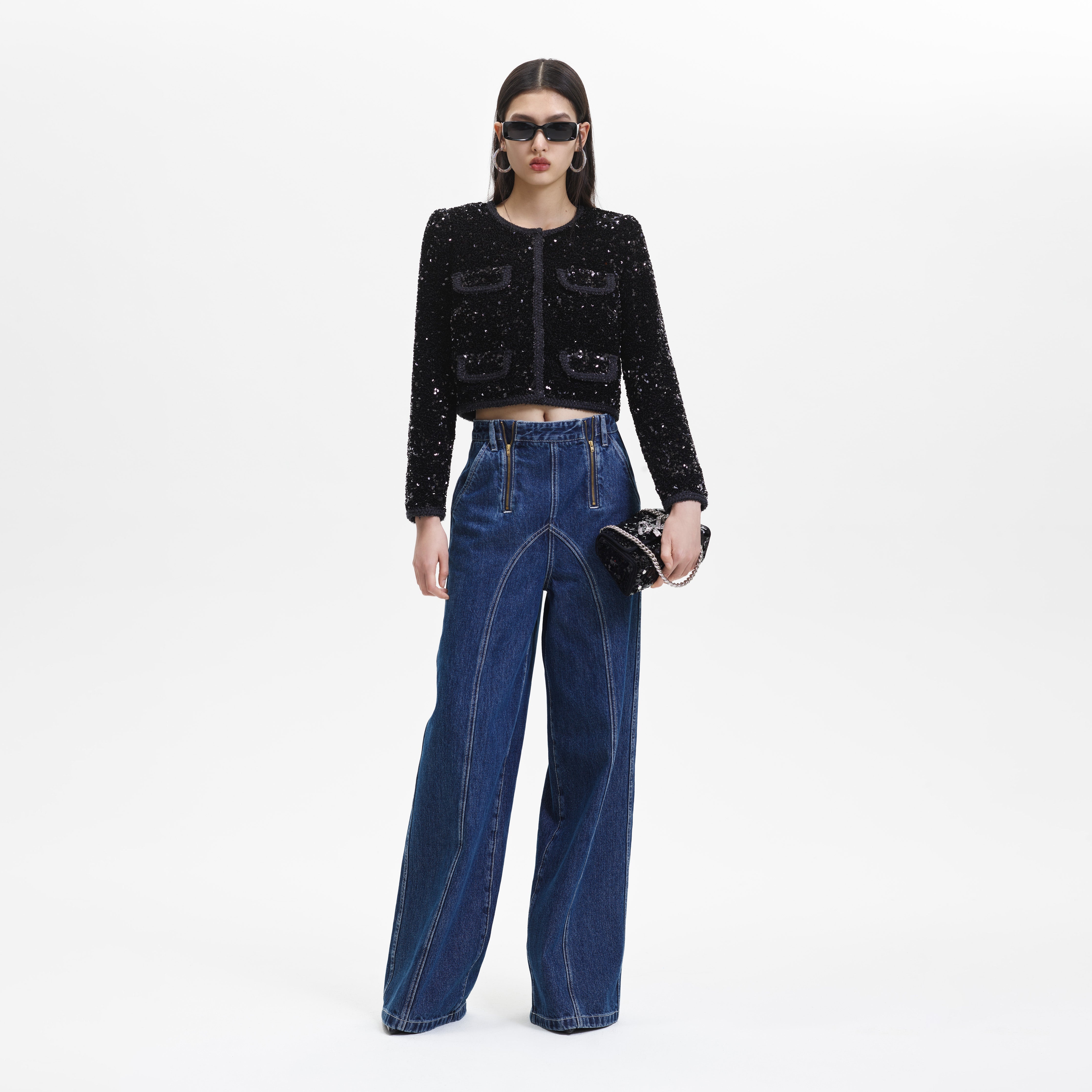 Black Sequin Cropped Jacket - 1