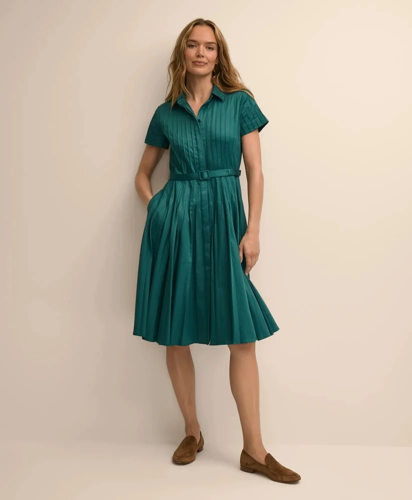 Cotton Sateen Pleated Fit and Flare Shirt Dress - 1