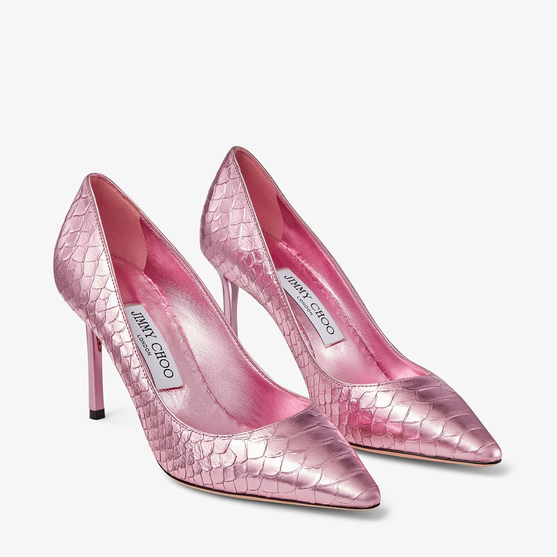 Romy 85
Candy Pink Metallic Snake Printed Leather Pumps - 2