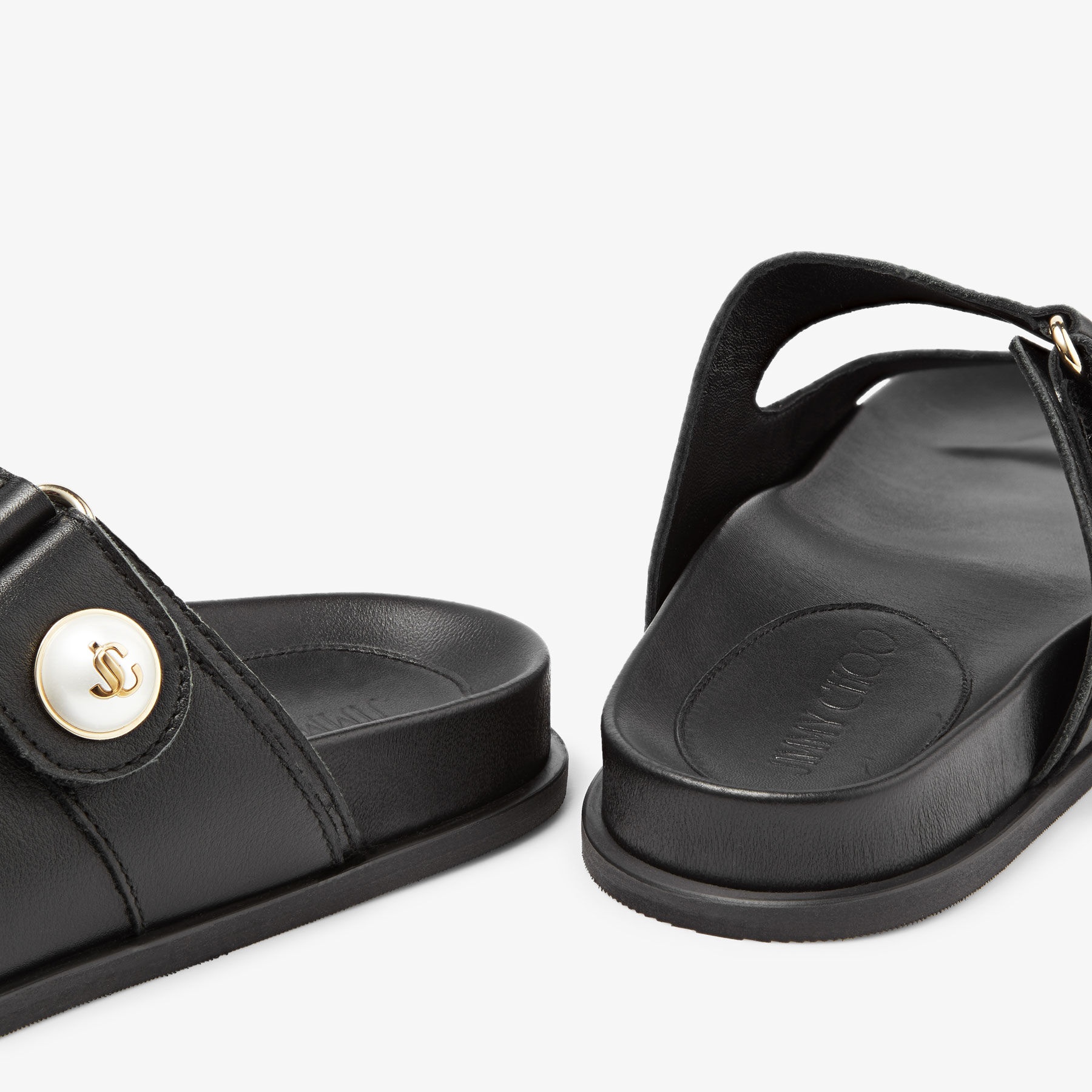 JIMMY CHOO Fayence Sandal Black Leather Flat Sandals with Pearl