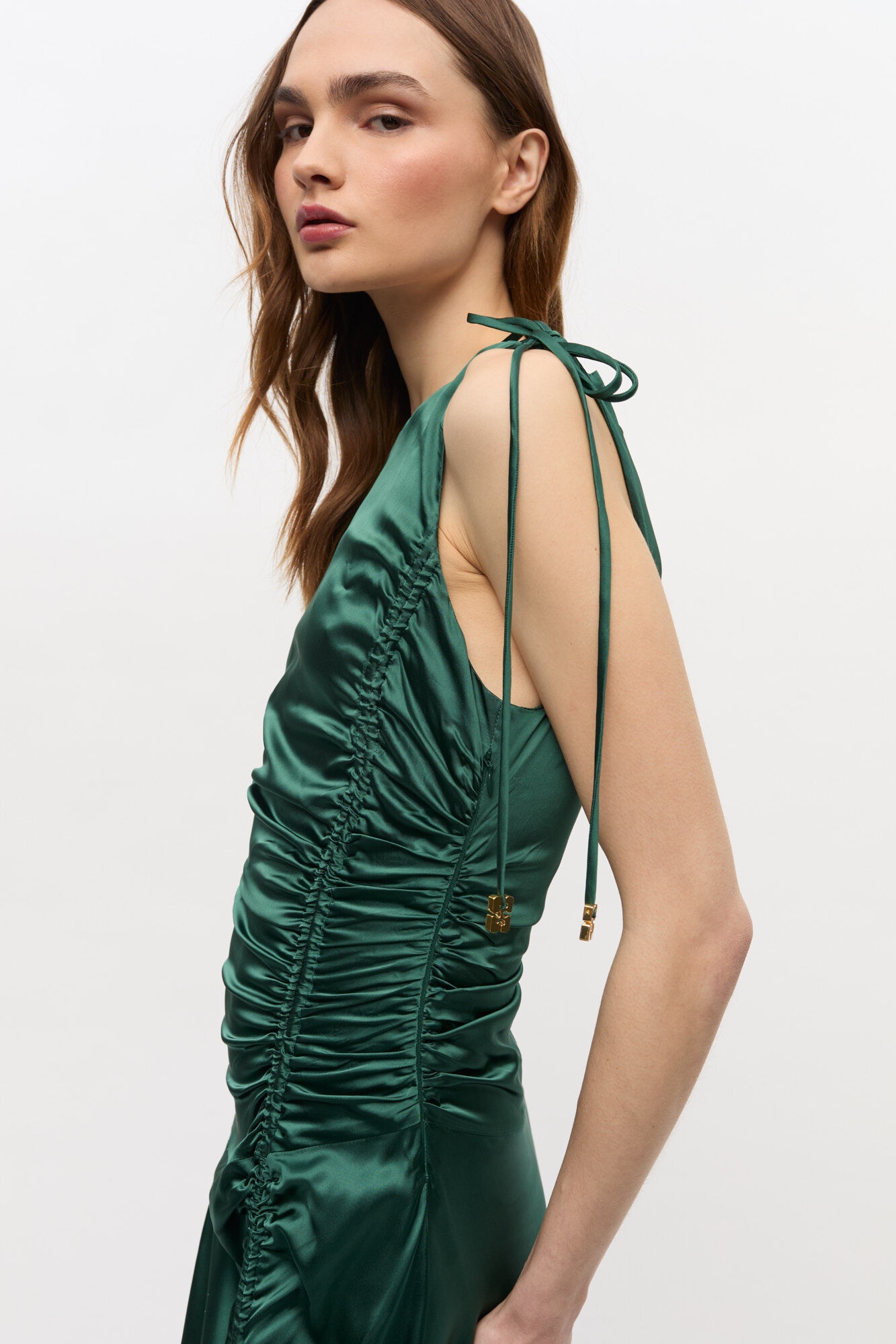 GREEN SATIN GATHERED DRESS - 4