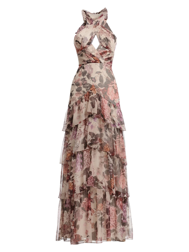 Women's Maya Floral Tiered Halter Maxi Dress - Champagne Multi 1