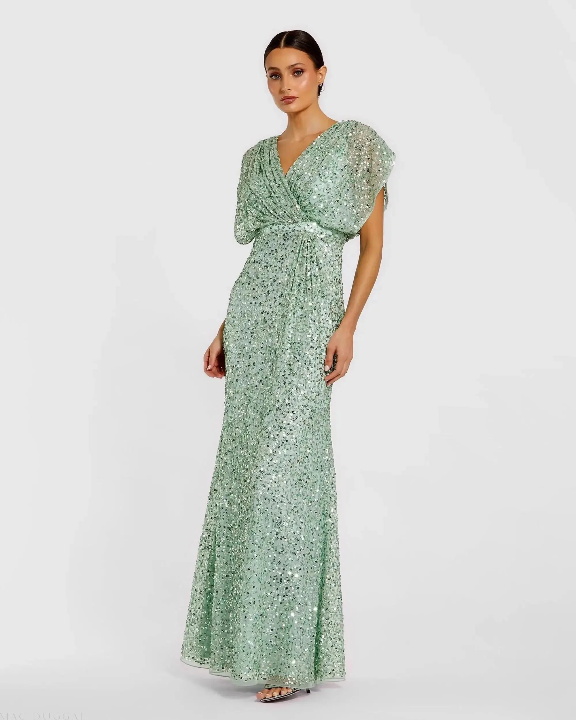 Seafoam Sequin Draped Sleeve V-Neck Gown - 1