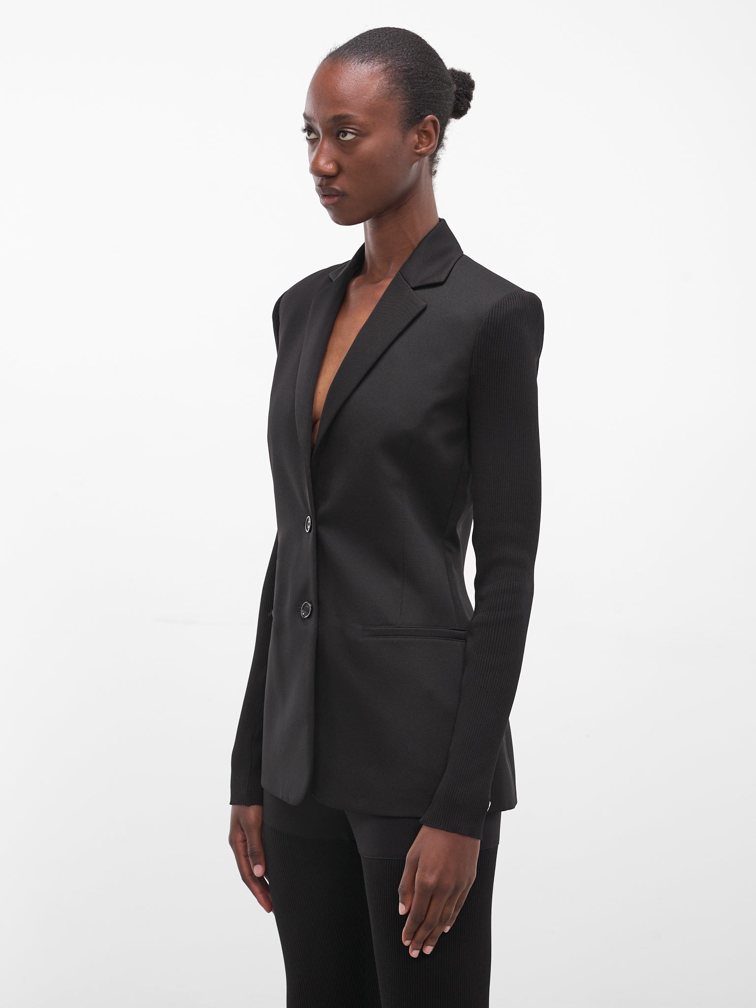 Black Rib-Knit Sleeve Blazer - 2
