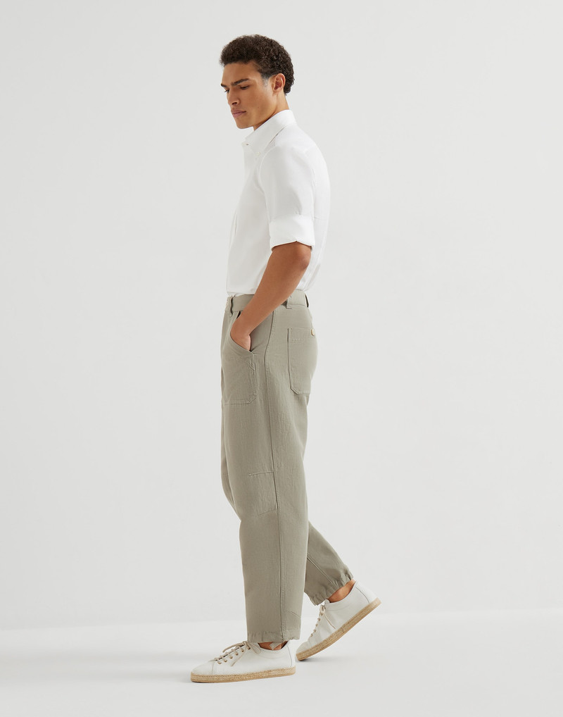 Linen and cotton drill trousers with patch pockets and drawstring 5