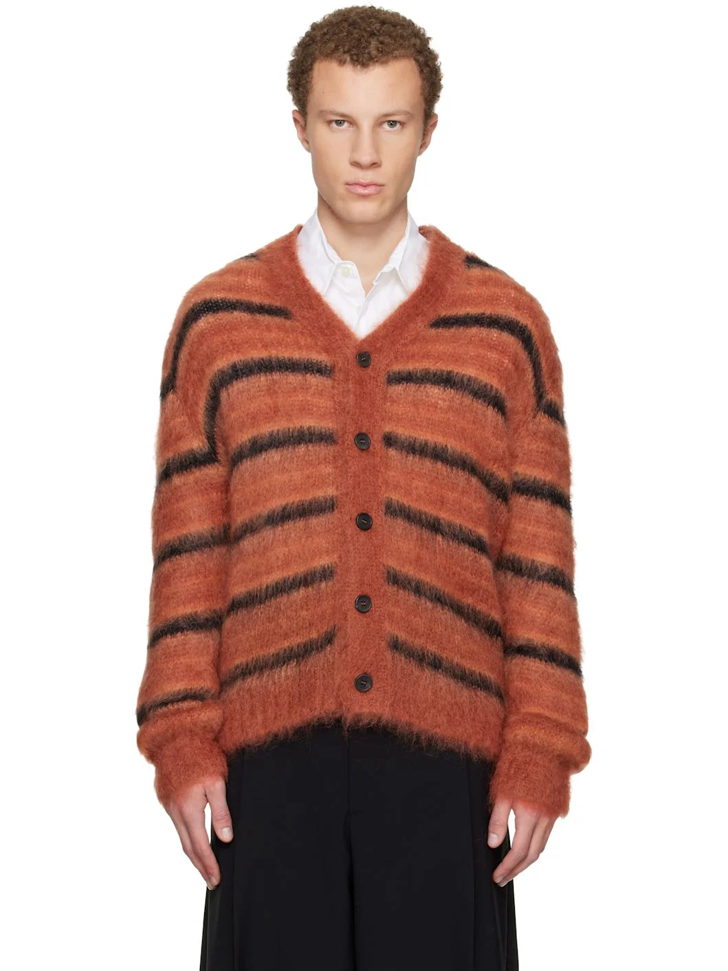 Red & Black Fuzzy Wuzzy Stripe V-Neck Cardigan - 1