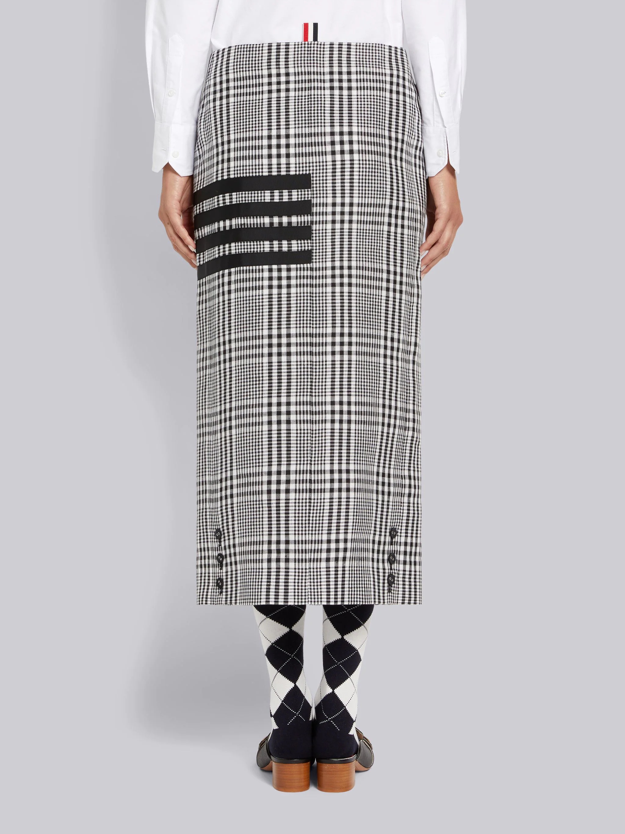 Black and White Gingham Crispy Linen 4-Bar Low Rise Button Front Ankle Length Cardigan Skirt - 3