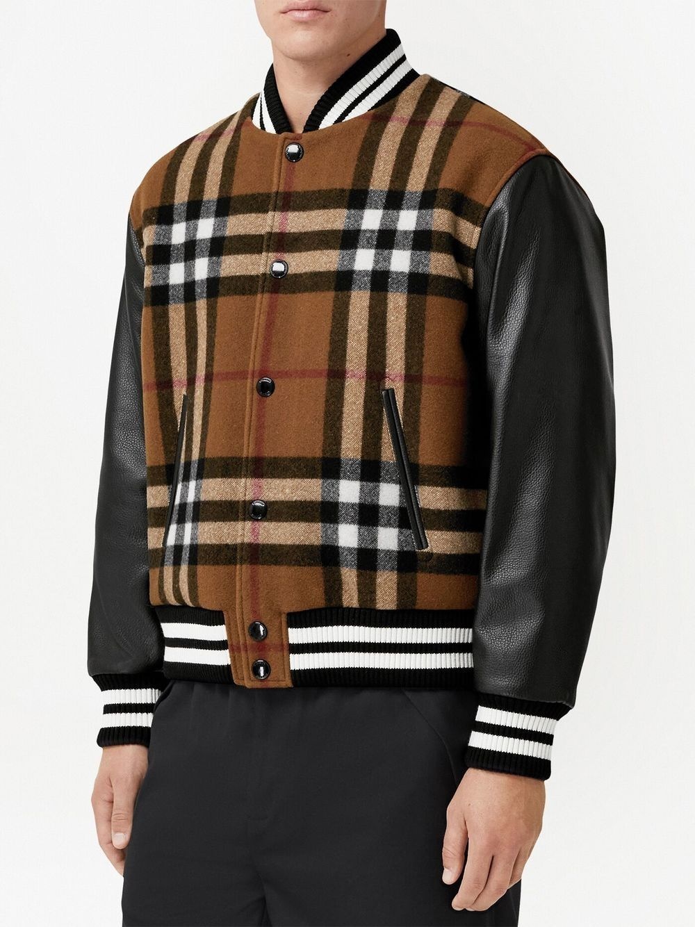 checked leather-sleeve bomber jacket - 3