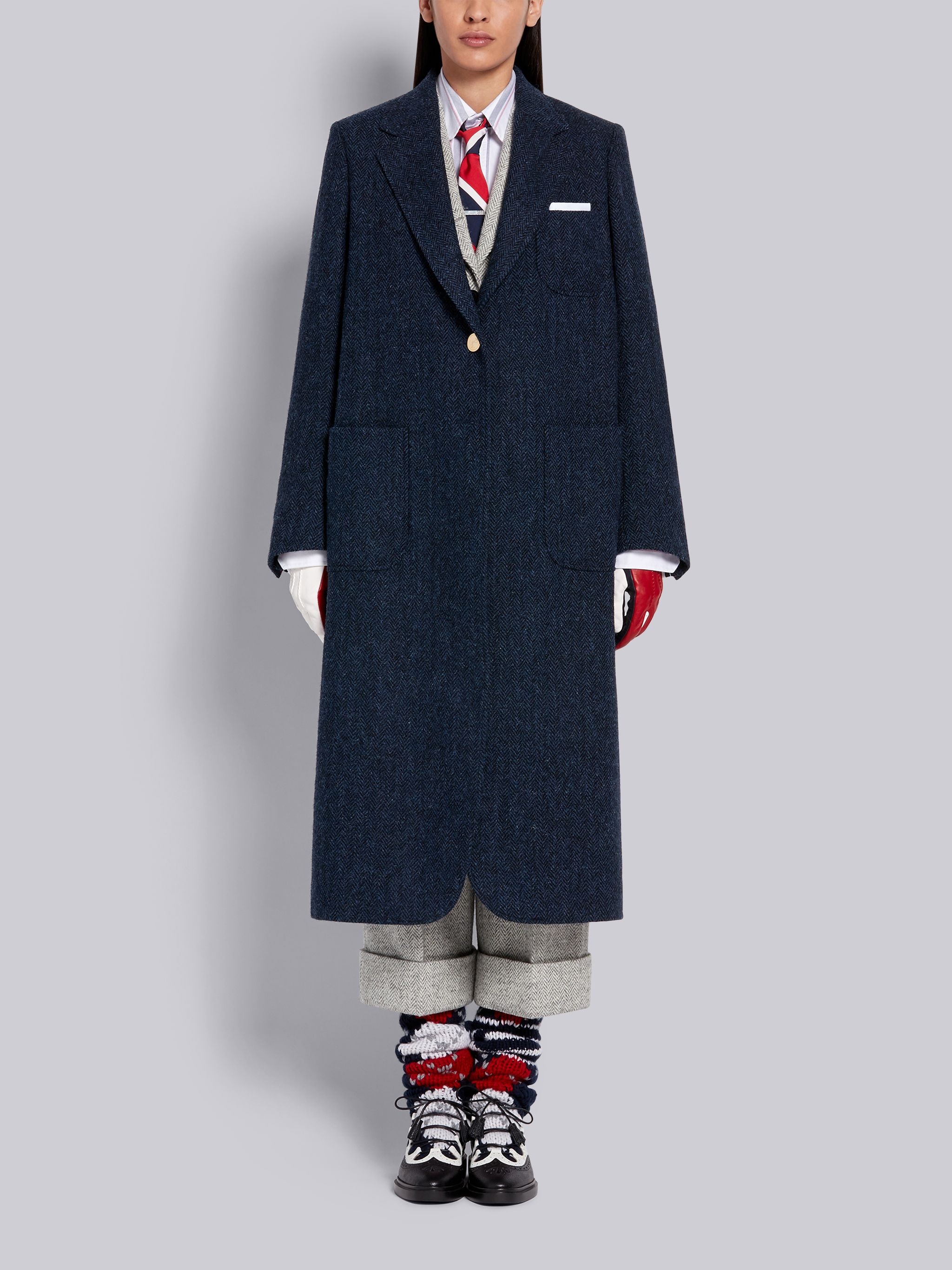 Navy Wool Herringbone Harris Tweed Elongated Sack Overcoat - 4