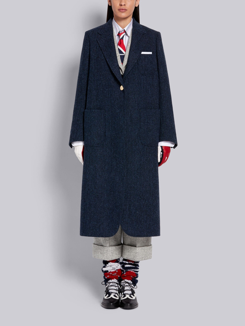 Navy Wool Herringbone Harris Tweed Elongated Sack Overcoat 4