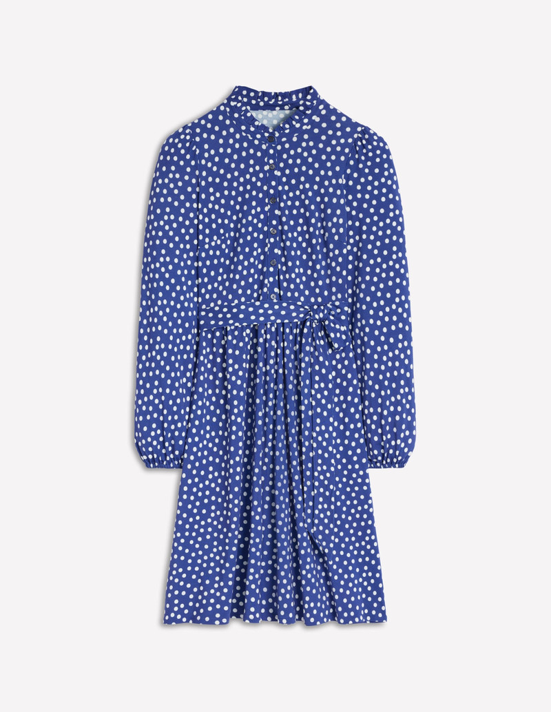 Willow Ruffle Neck Shirt Dress-Bright Blue, Dot 1