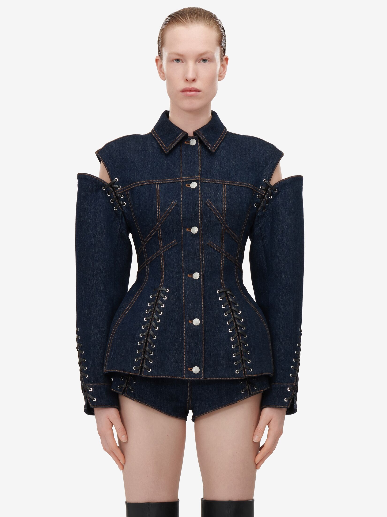 Women's Lace Detail Slashed Denim Jacket in Denim - 5